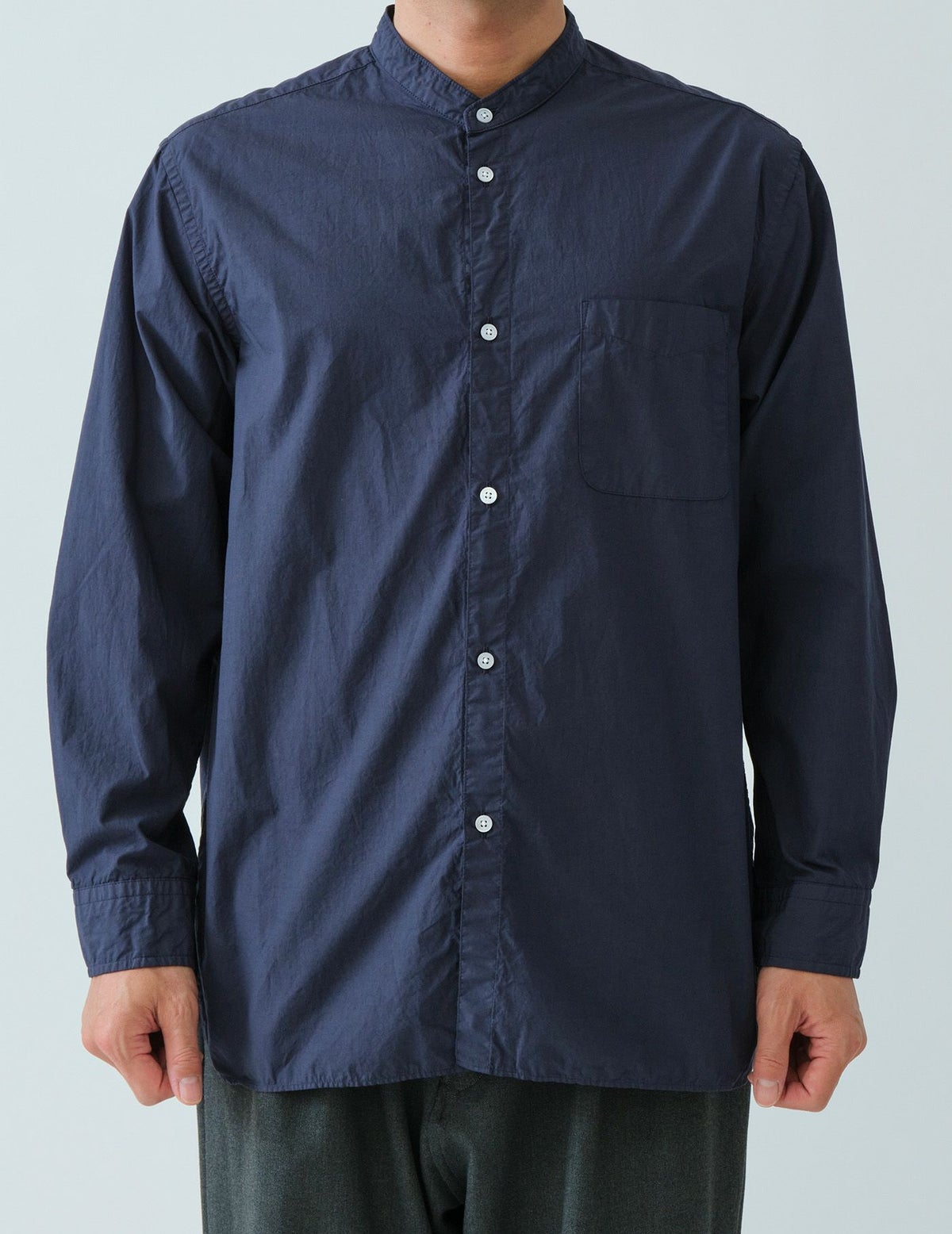 Sage de Cret Organic Cotton Broadcloth Stand Collar Long Shirt: Navy
