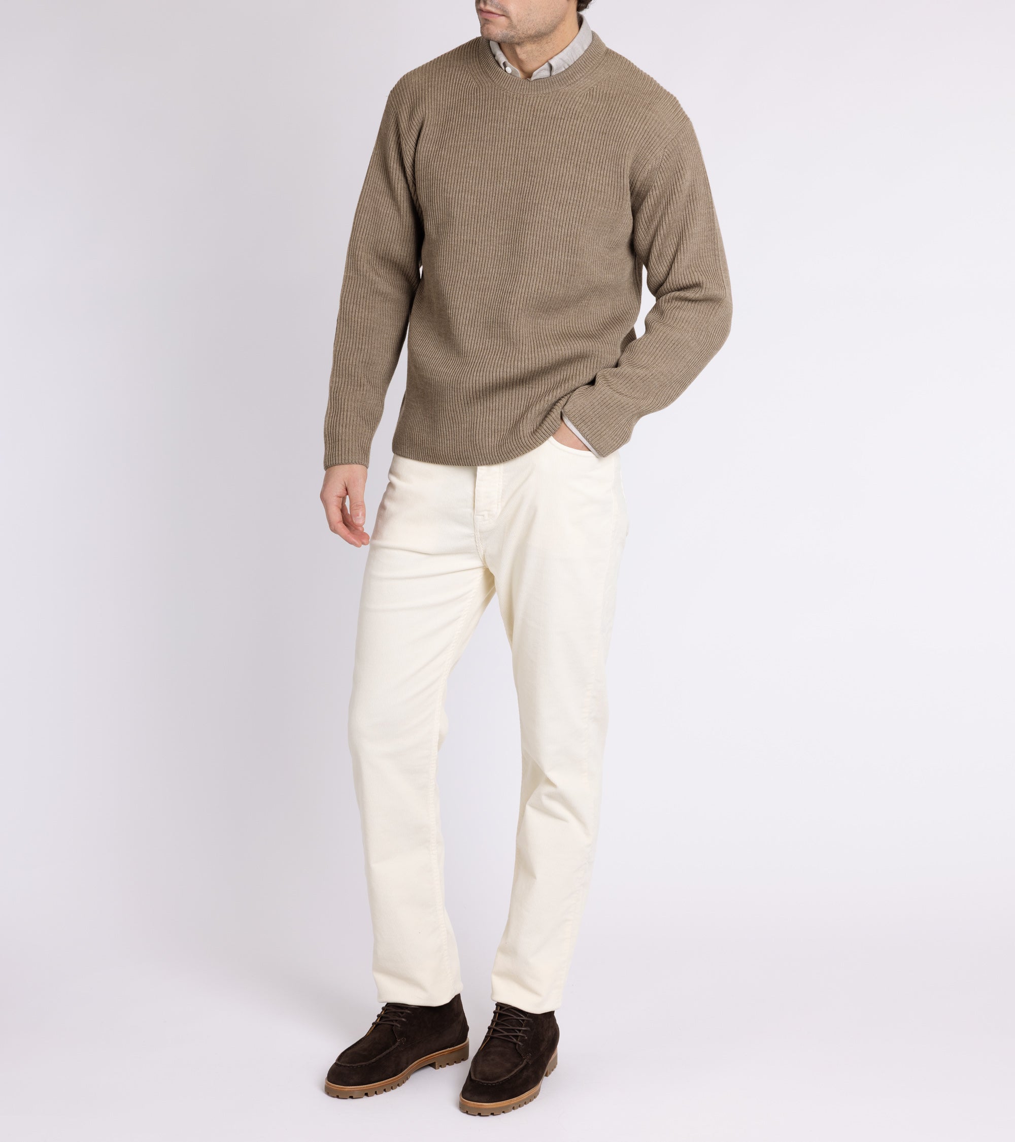 Batoner Solid Wool Rib Crew Neck Sweater: Melange Brown
