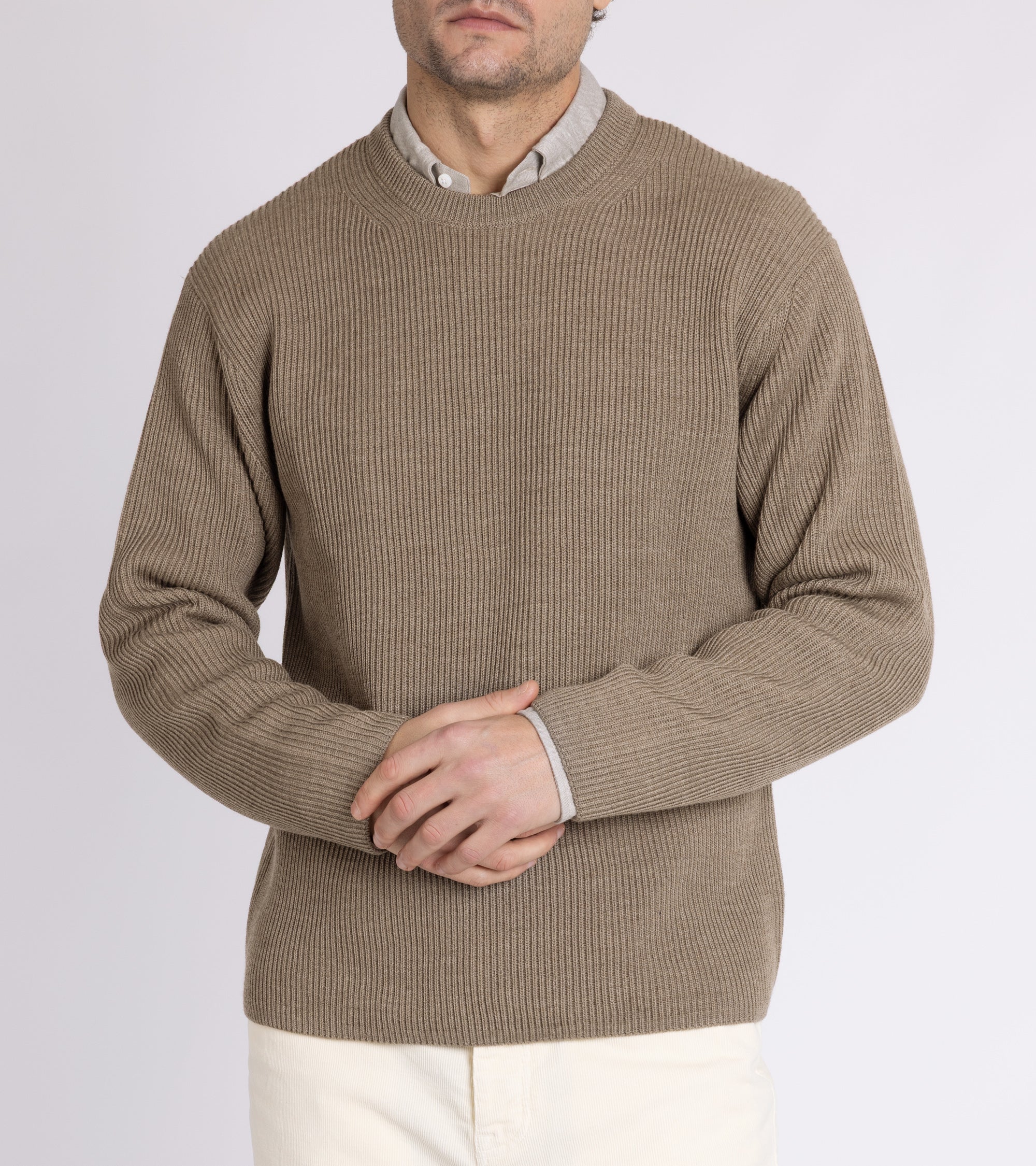 Batoner Solid Wool Rib Crew Neck Sweater: Melange Brown