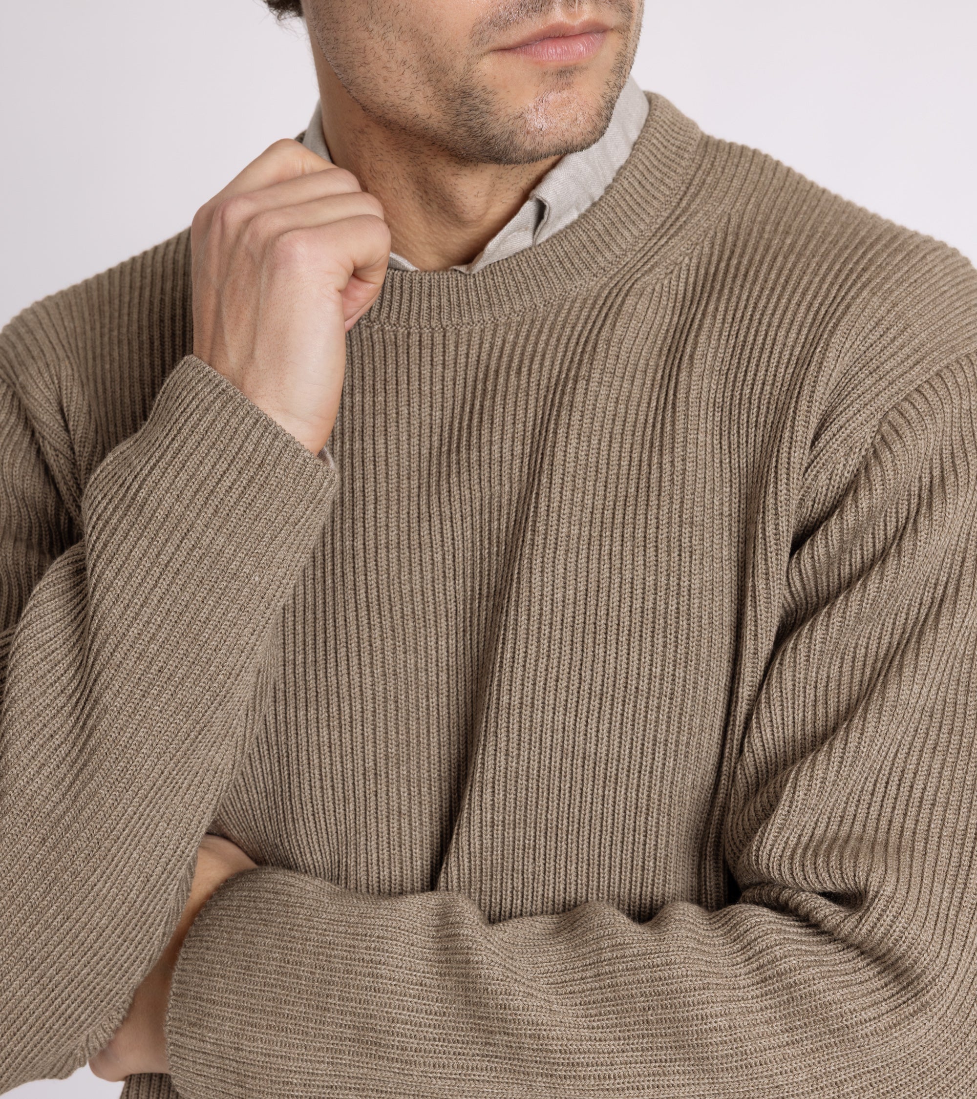 Batoner Solid Wool Rib Crew Neck Sweater: Melange Brown