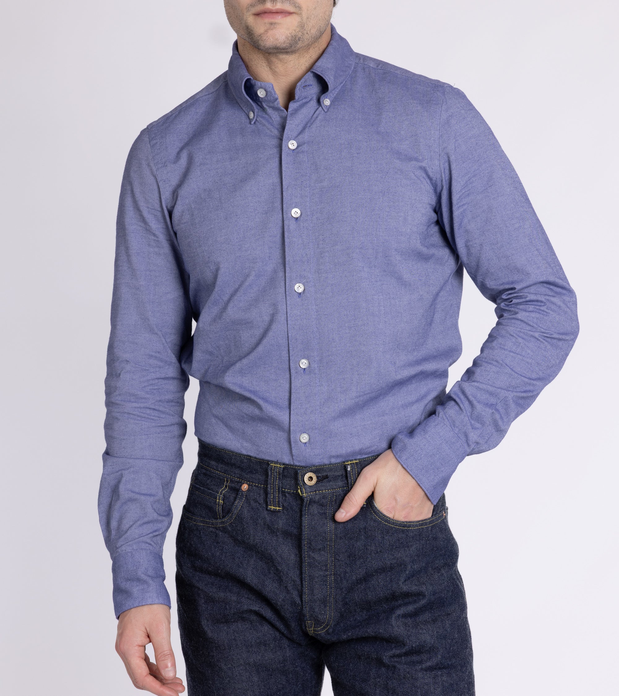 Finamore Gaeta Brushed Oxford Cotton Leonardo Sport Shirt: Ink Blue