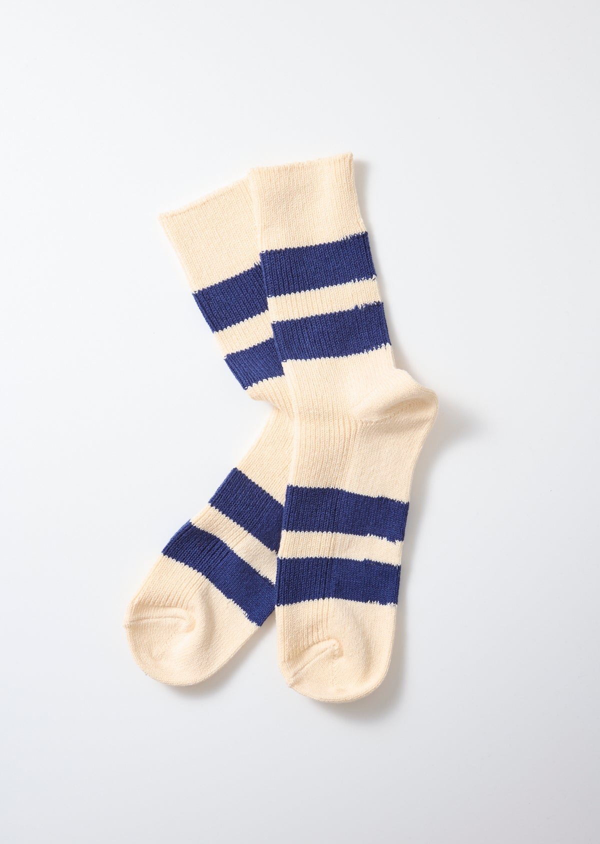 RoToTo Recycled Cotton Stripe Crew Socks: Ecru/Navy