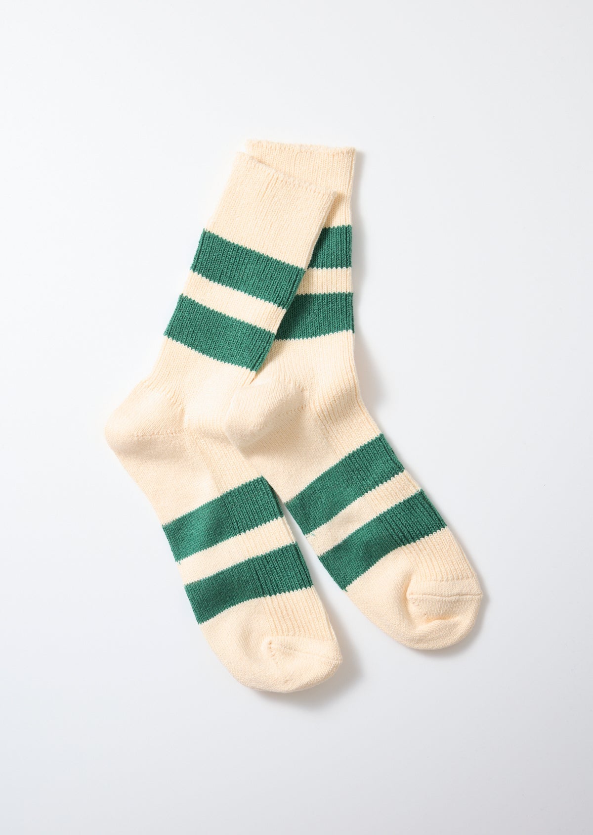RoToTo Recycled Cotton Stripe Crew Socks: Ecru/Green