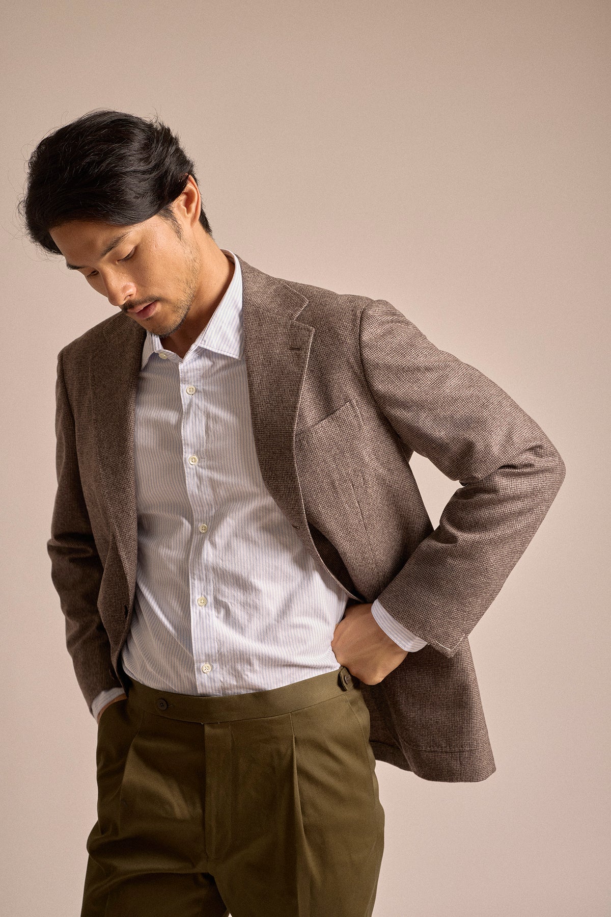 Ring Jacket Fox Brothers Micro Check Wool Jacket: Brown