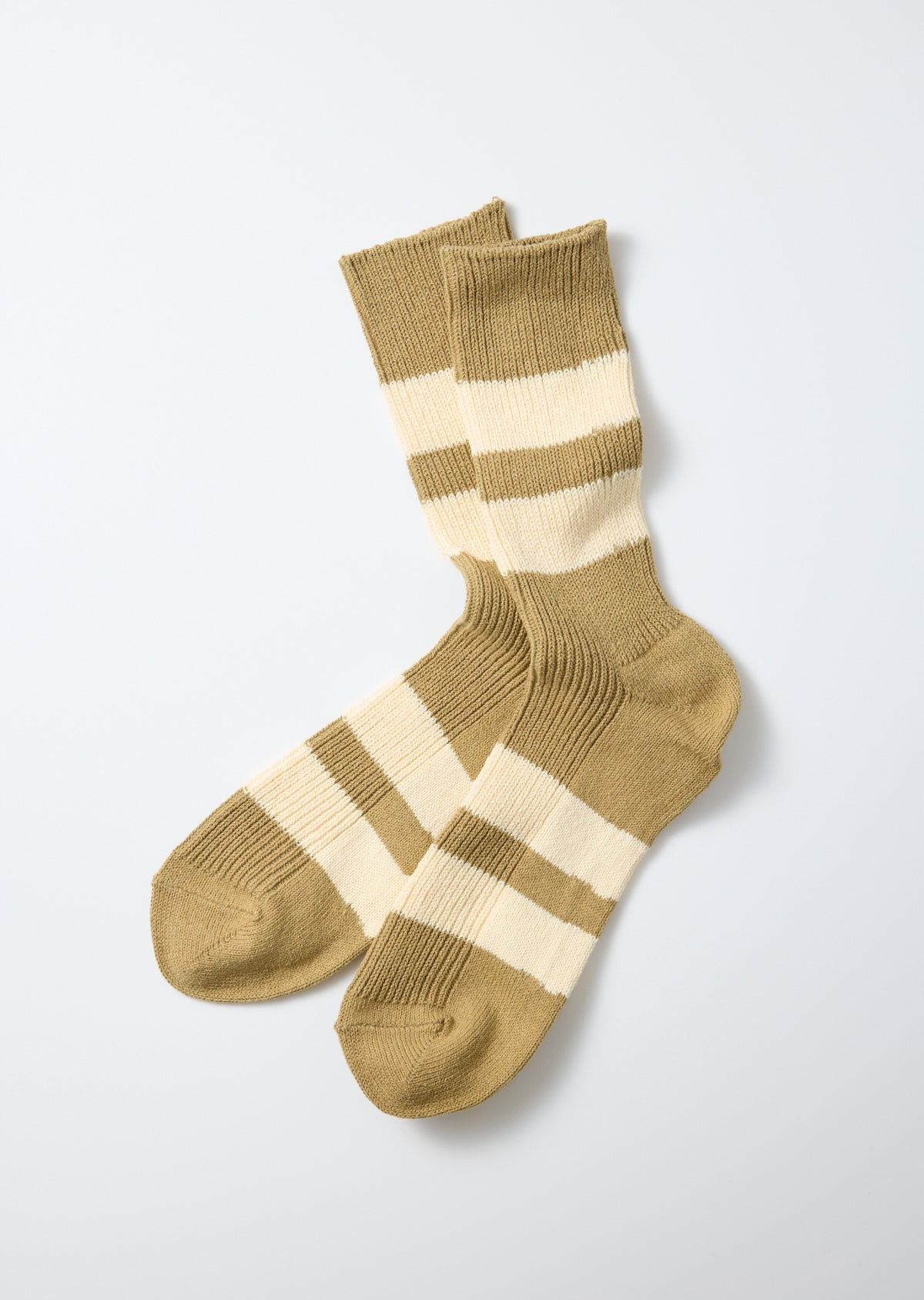 RoToTo Recycled Cotton Stripe Crew Socks: Khaki/Ivory