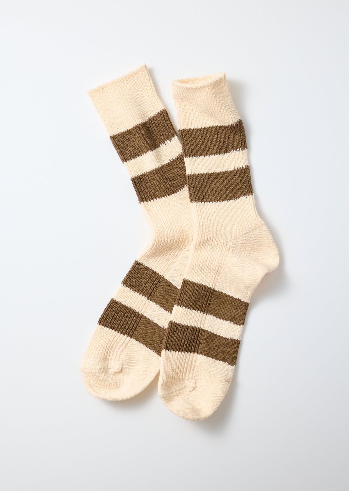 RoToTo Recycled Cotton Stripe Crew Socks: Ecru/Moss