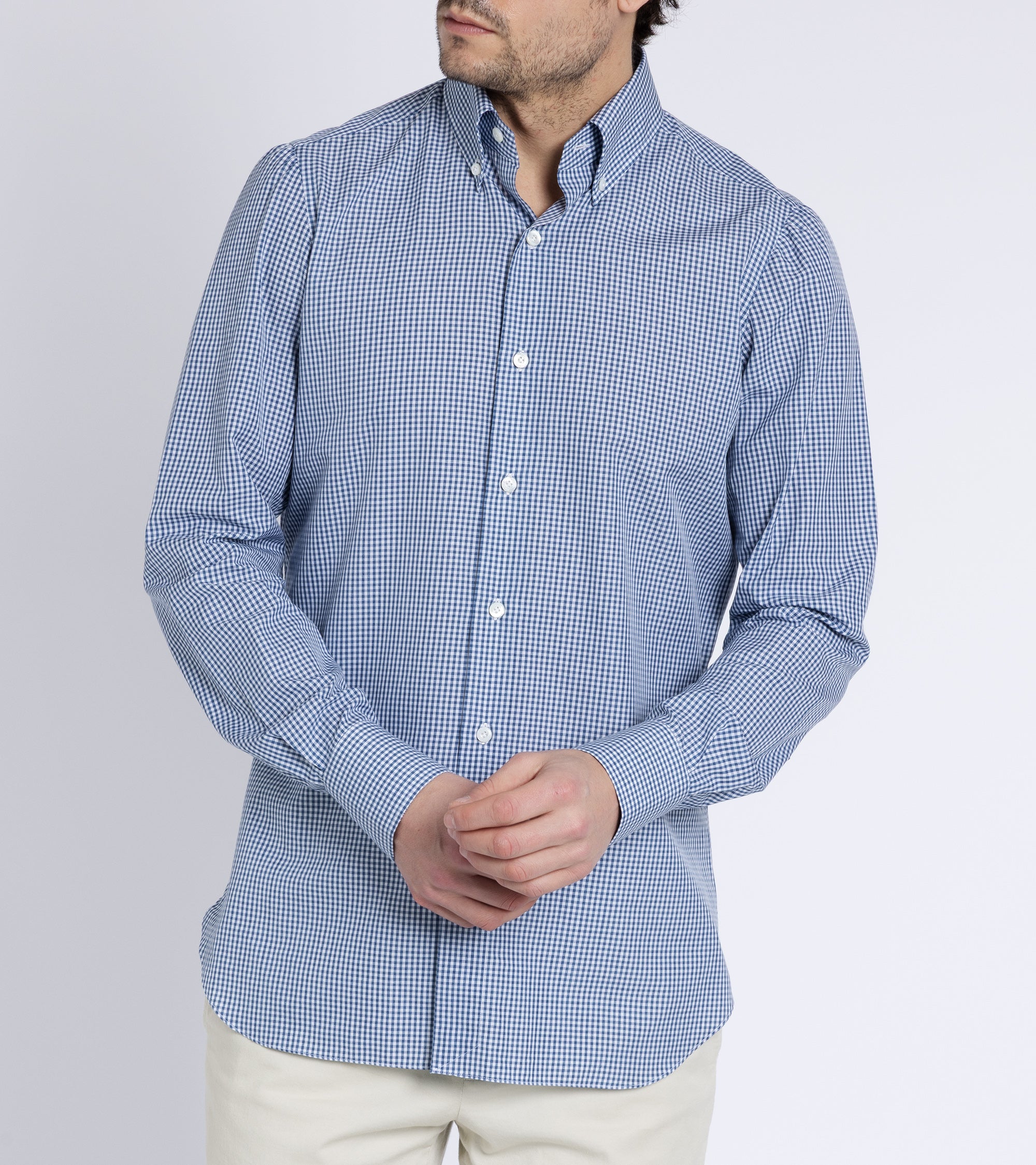 Finamore Napoli Carlo Riva Cotton Silk Check Leonardo Button Down Shirt: Blue