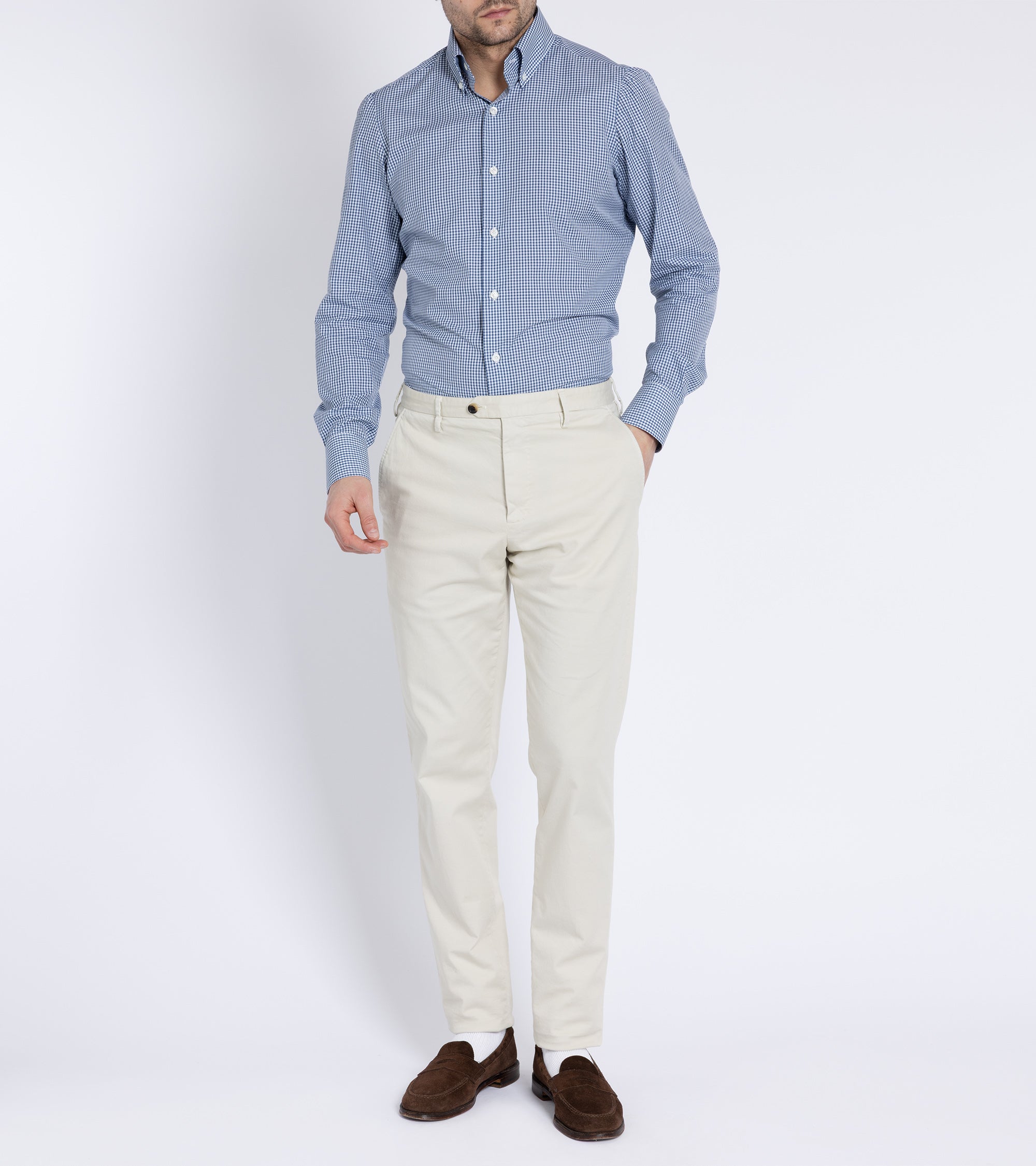Finamore Napoli Carlo Riva Cotton Silk Check Leonardo Button Down Shirt: Blue