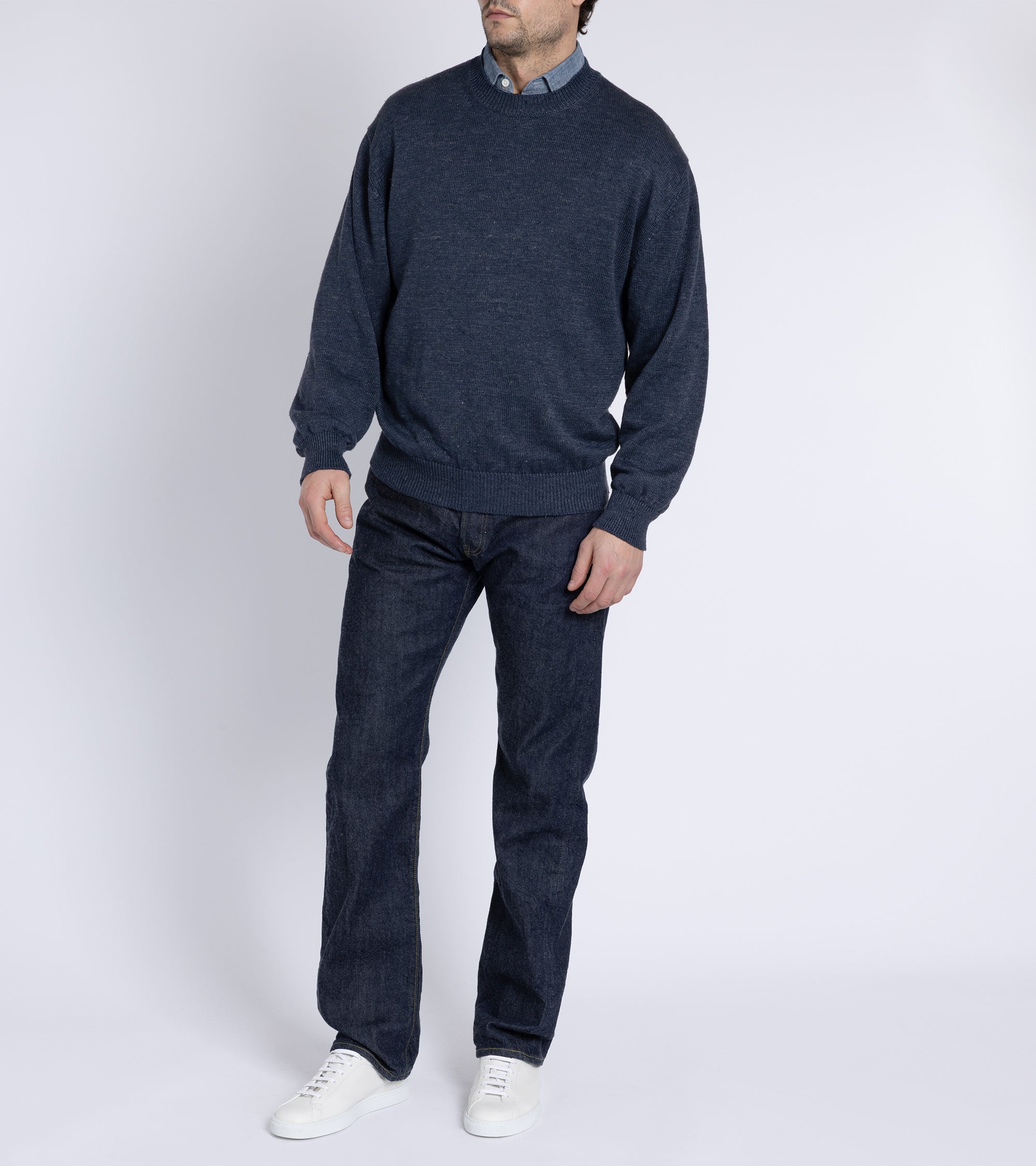 Batoner Washed High Count Linen Crew Neck Sweater: Navy