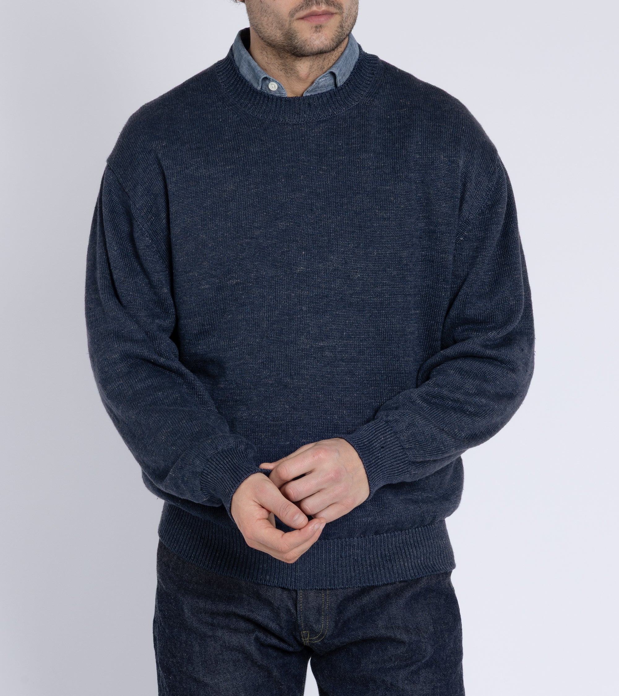Batoner Washed High Count Linen Crew Neck Sweater: Navy