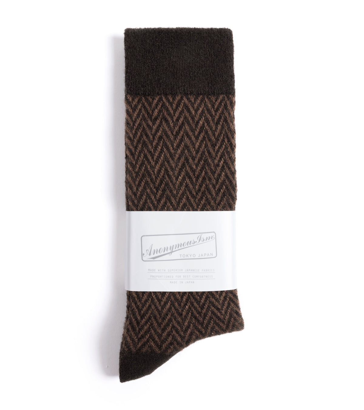 Anonymous Ism Wool Herringbone Crew Socks: Brown