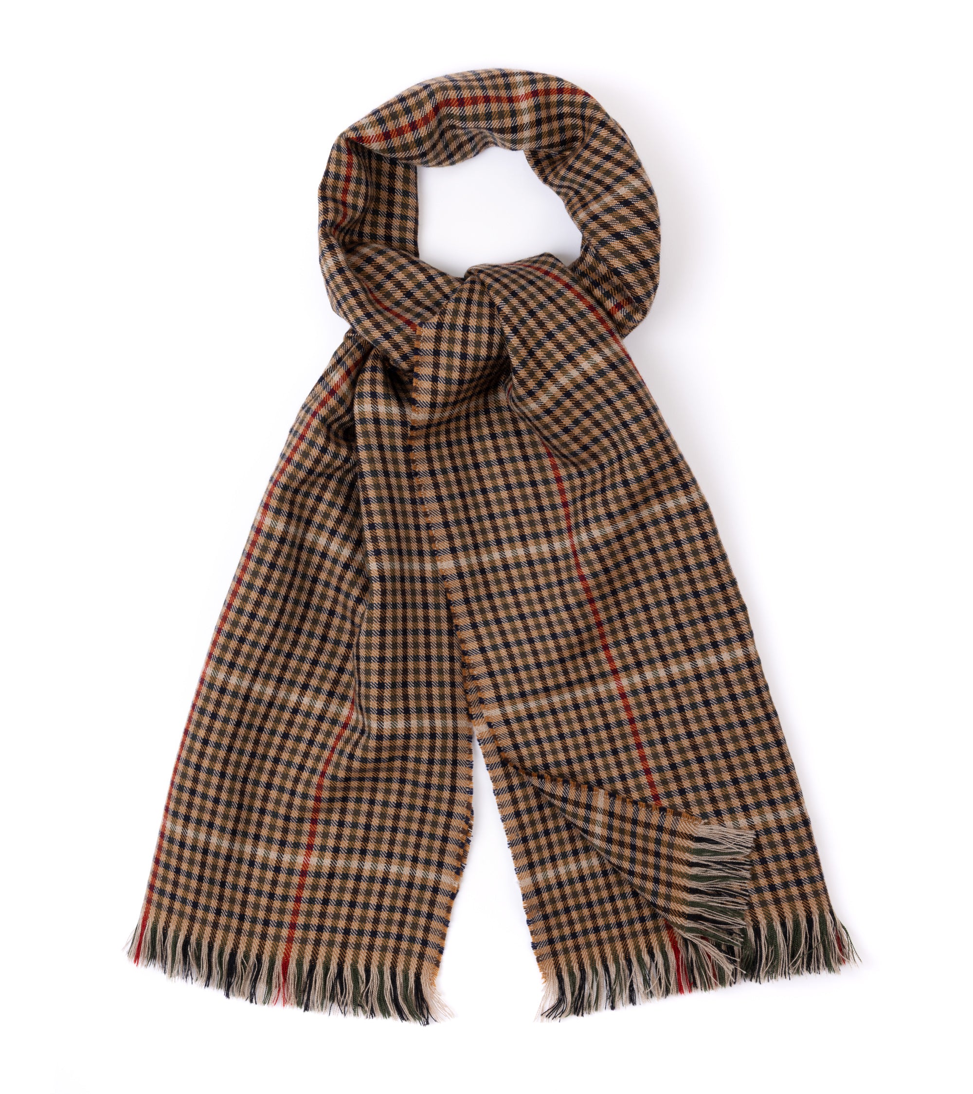 A classic plaid scarf in brown, beige, and black with thin red accent lines, shown looped on a clean white background.