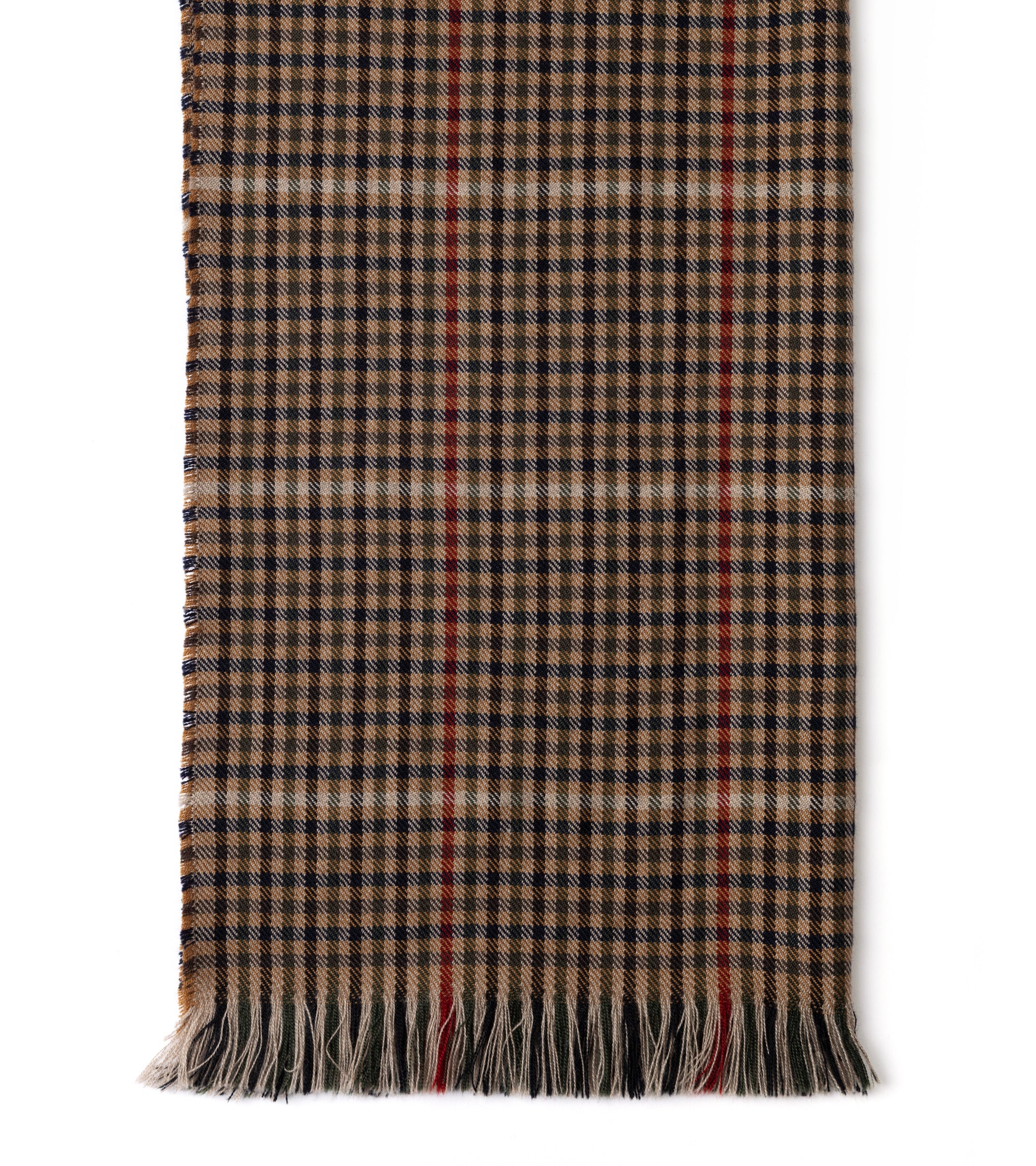 A close-up of a woven scarf with a black and tan plaid pattern, accented by thin red and white vertical stripes, finished with fringed edges.