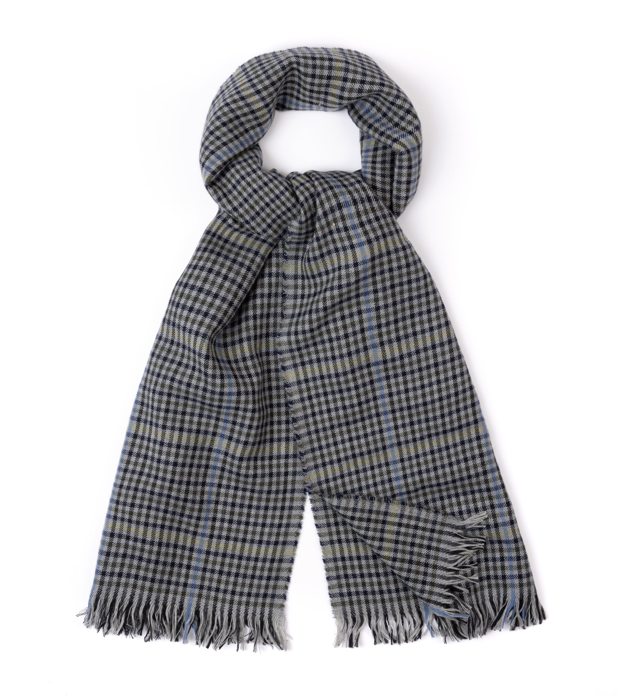 A plaid scarf in gray with thin blue accent lines, shown tied in a loop on a plain white background.