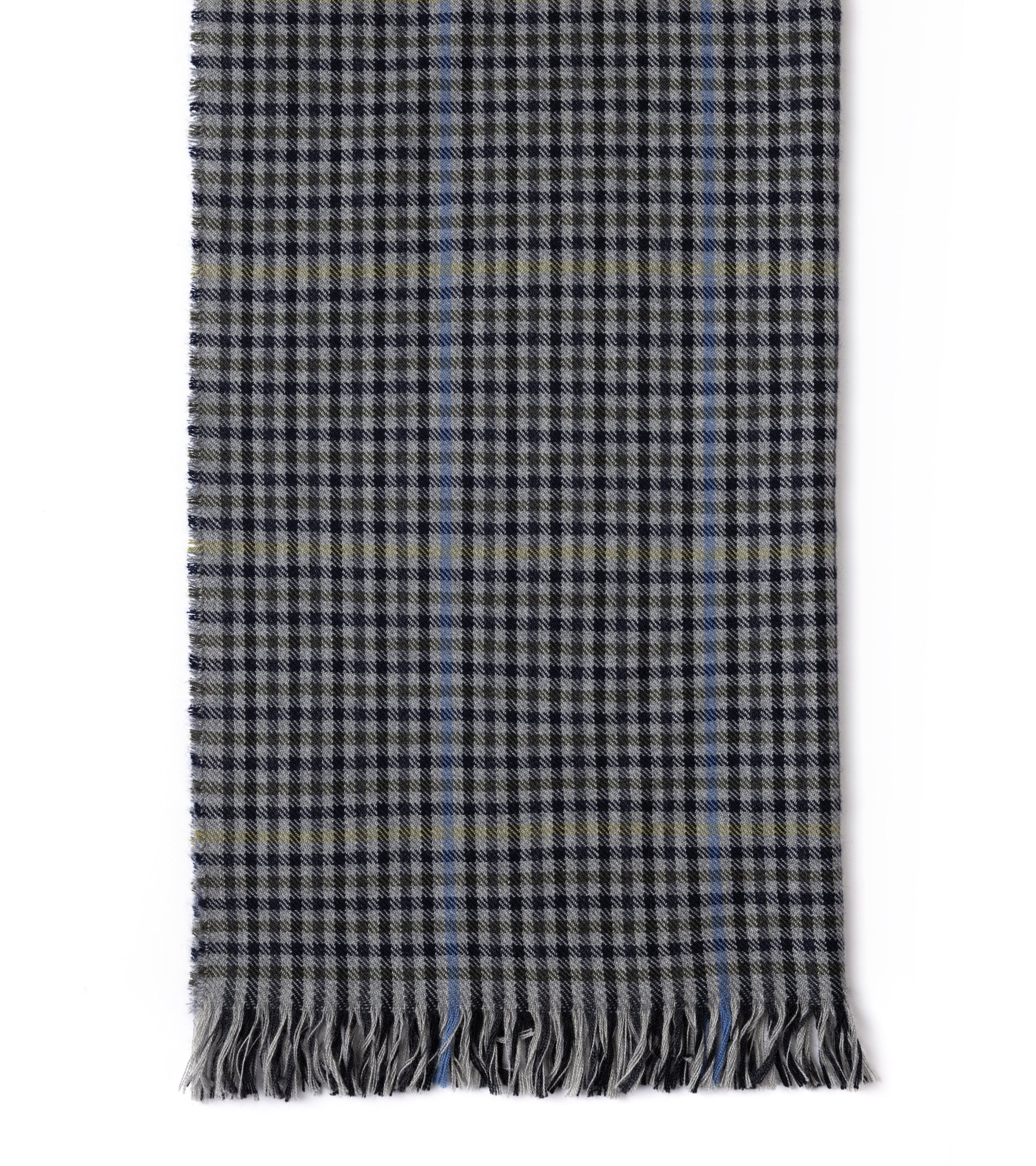 A close-up of a woven scarf with a black and grey windowpane plaid pattern, accented by thin vertical blue stripes and horizontal beige stripes, finished with fringed edges.