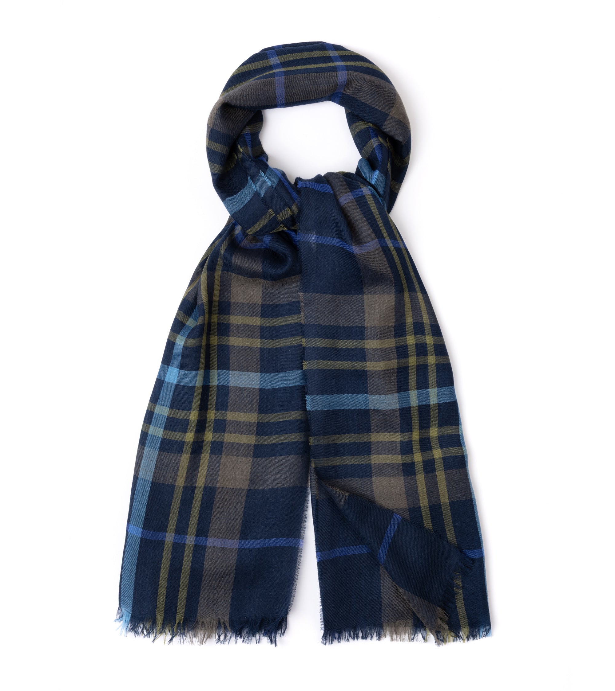 A plaid scarf in navy blue, gray, and light blue with thin yellow stripes, shown looped on a plain white background.