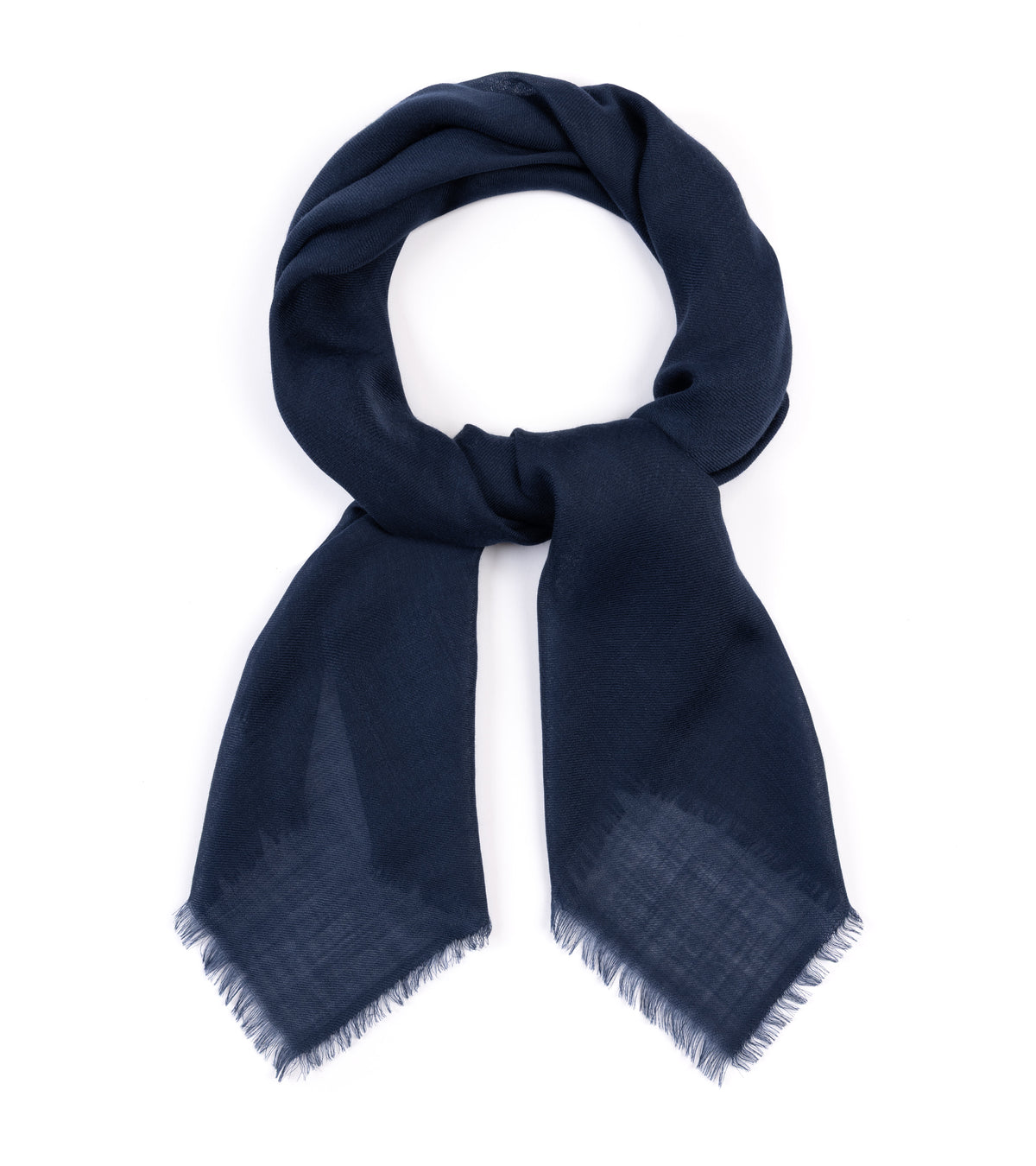 A dark navy blue scarf with fringed edges, neatly arranged in a loop on a solid white background.