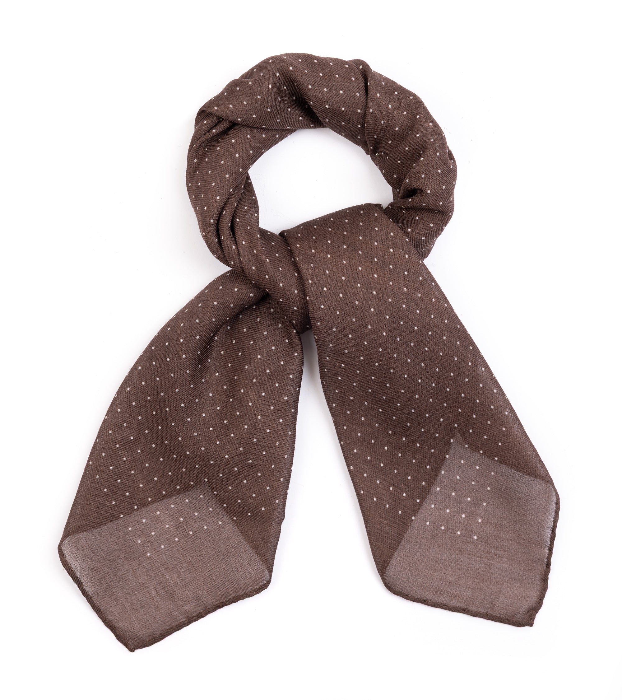 A brown with a delicate white polka dot pattern, styled in a loop with two hanging ends on a plain white background.