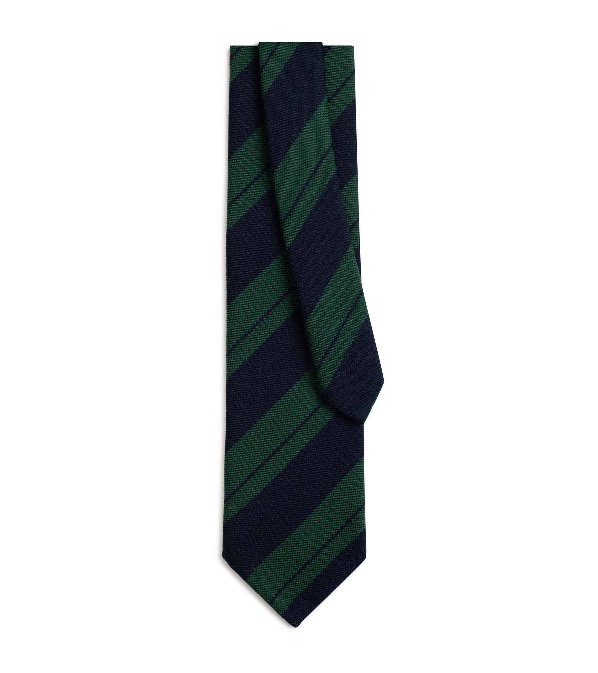 A classic necktie with diagonal stripes in dark navy blue and forest green, shown folded on a solid white background.
