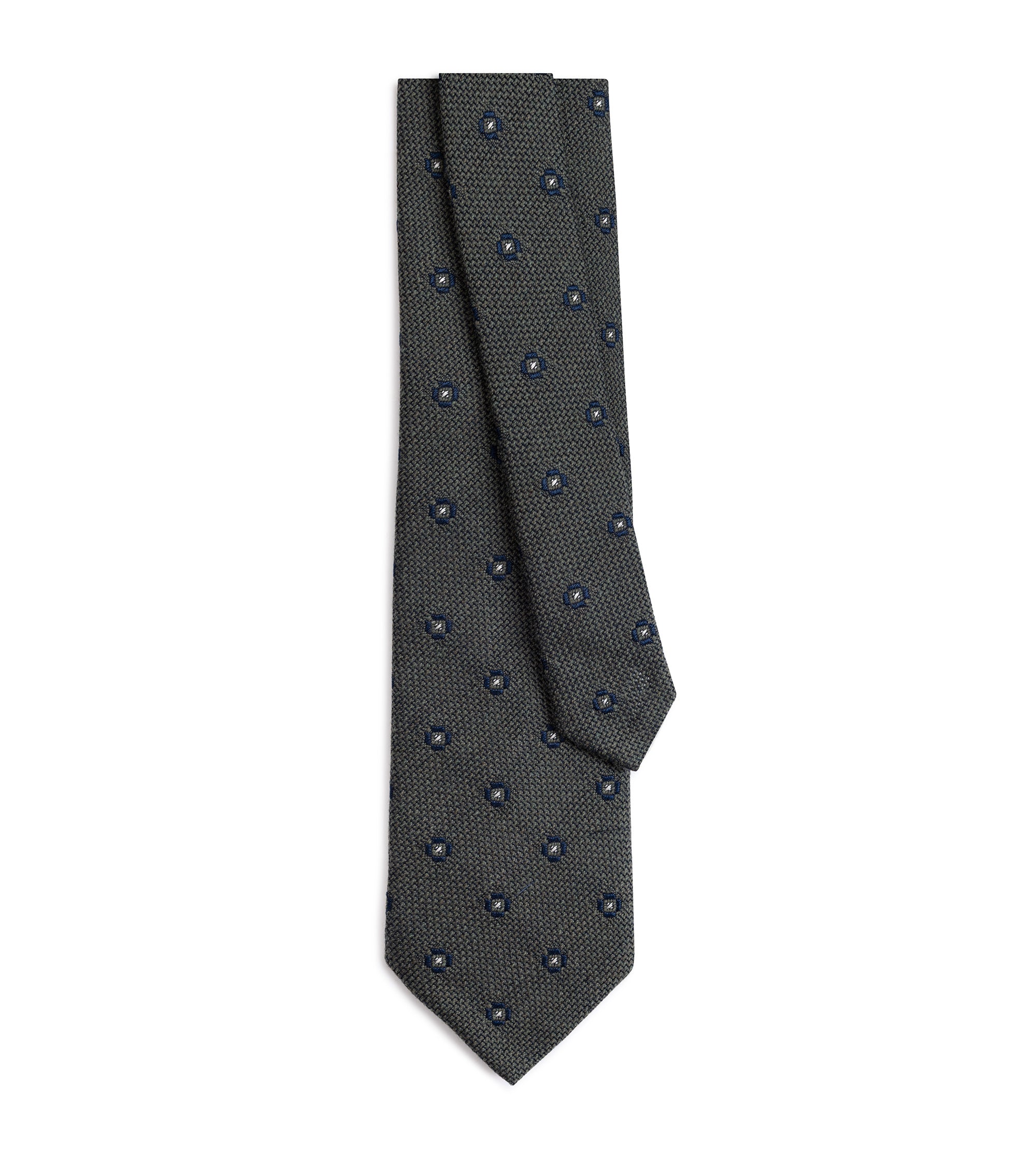 A gray textured necktie with a small medallion pattern, shown folded on a plain white background.