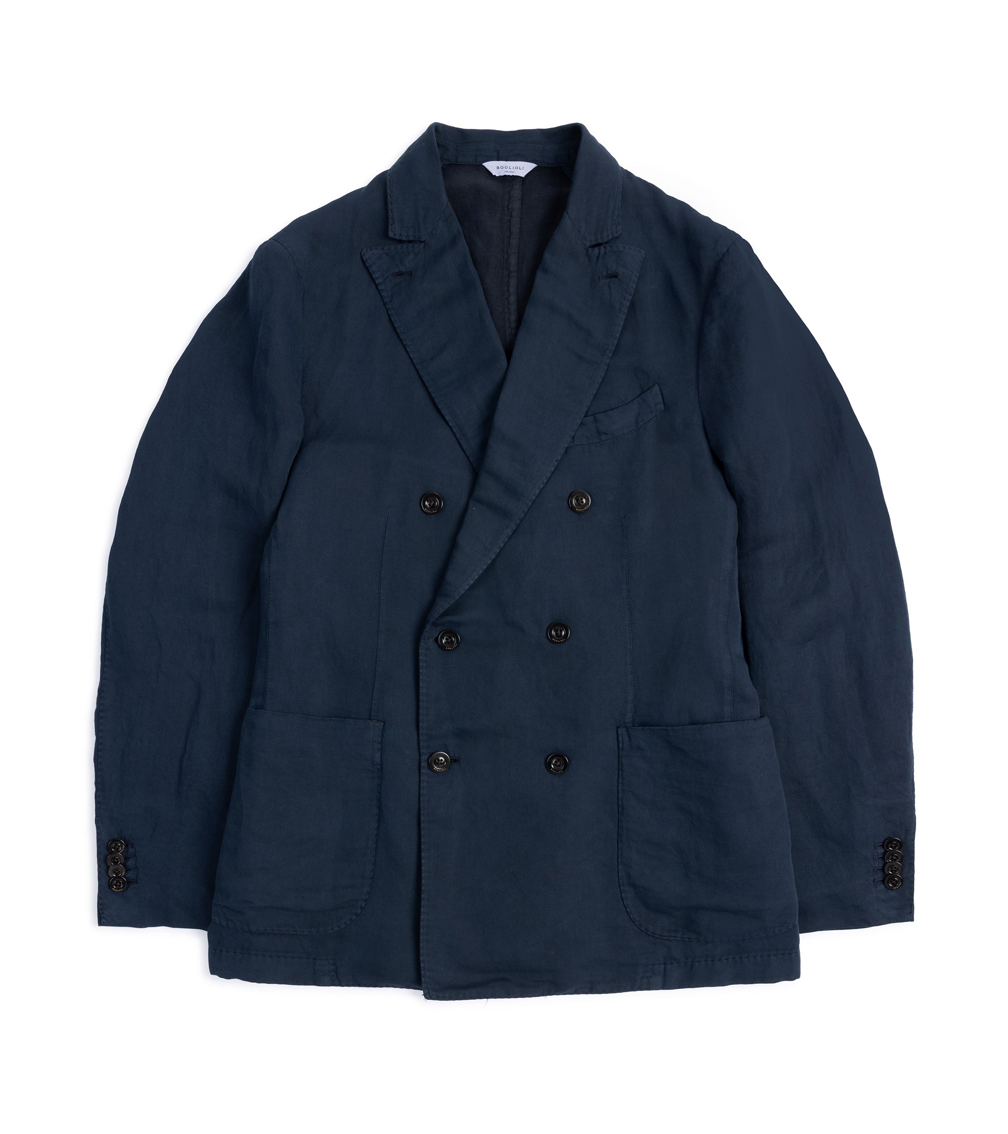 Boglioli Brushed Cotton Linen Double-Breasted Suit Jacket: Navy