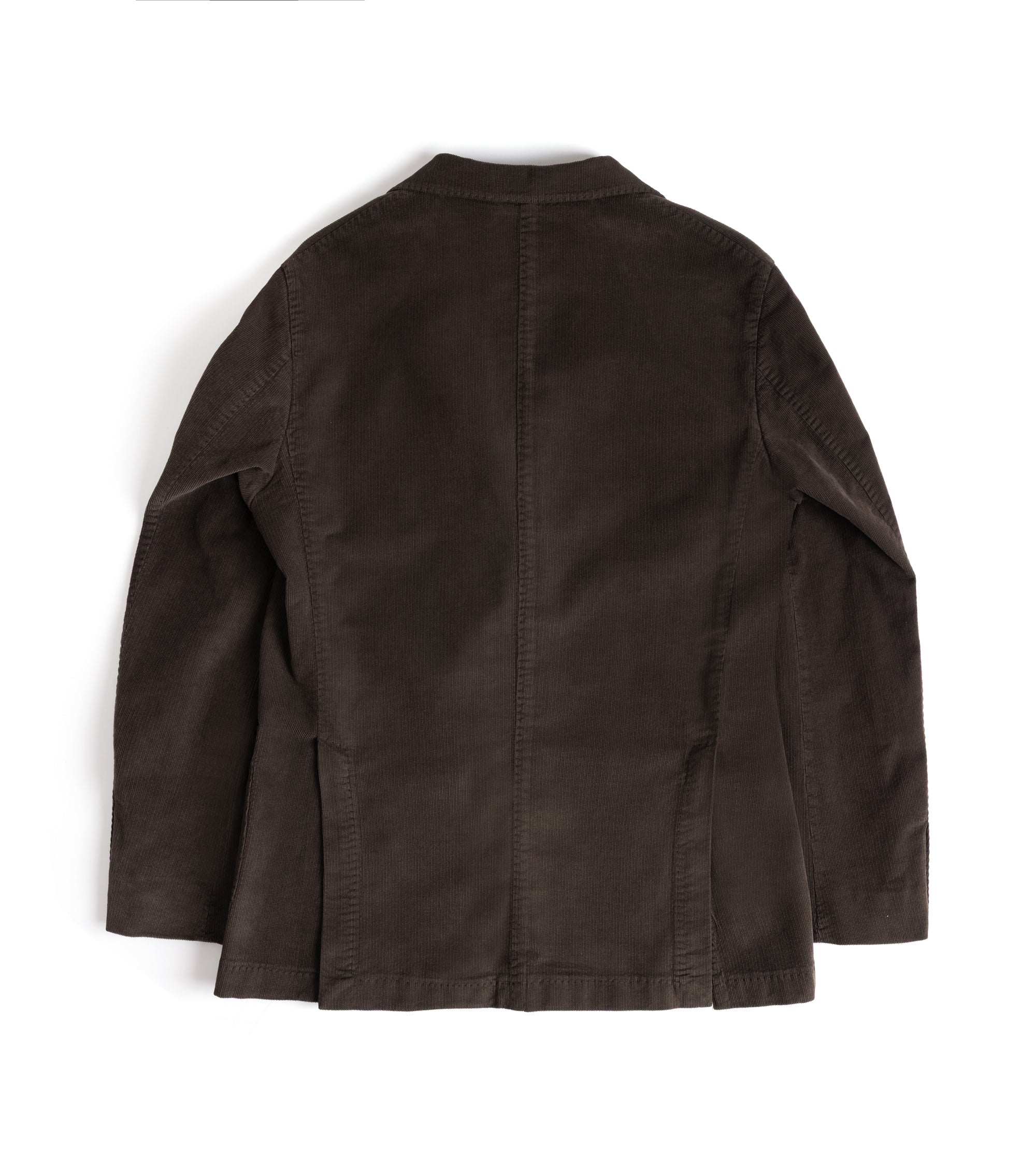 A dark brown corduroy jacket shown from the back, laid flat against a clean white background.