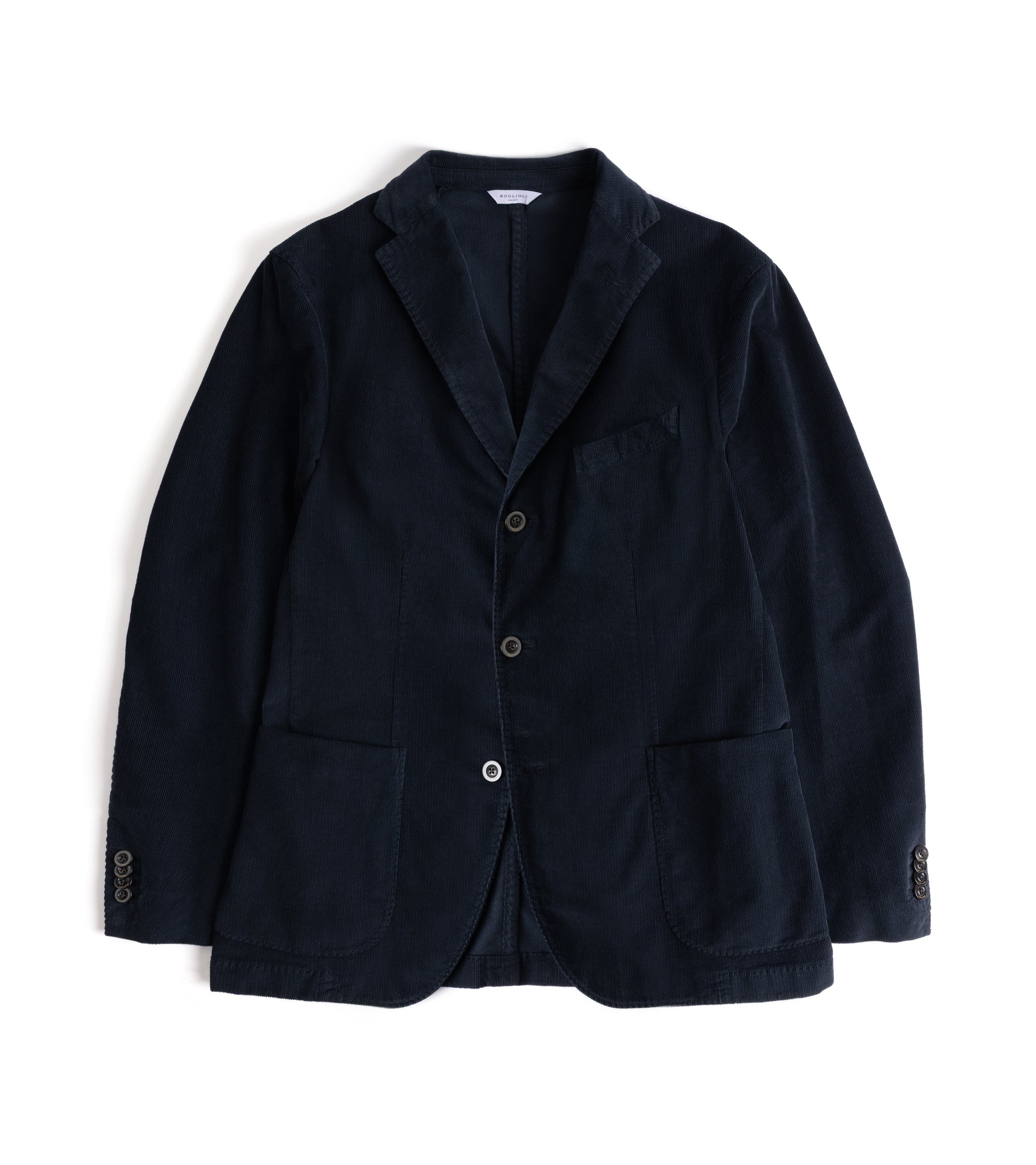 A dark navy blue corduroy blazer jacket with notch lapels, three front buttons, and two front patch pockets, shown flat on a white background.