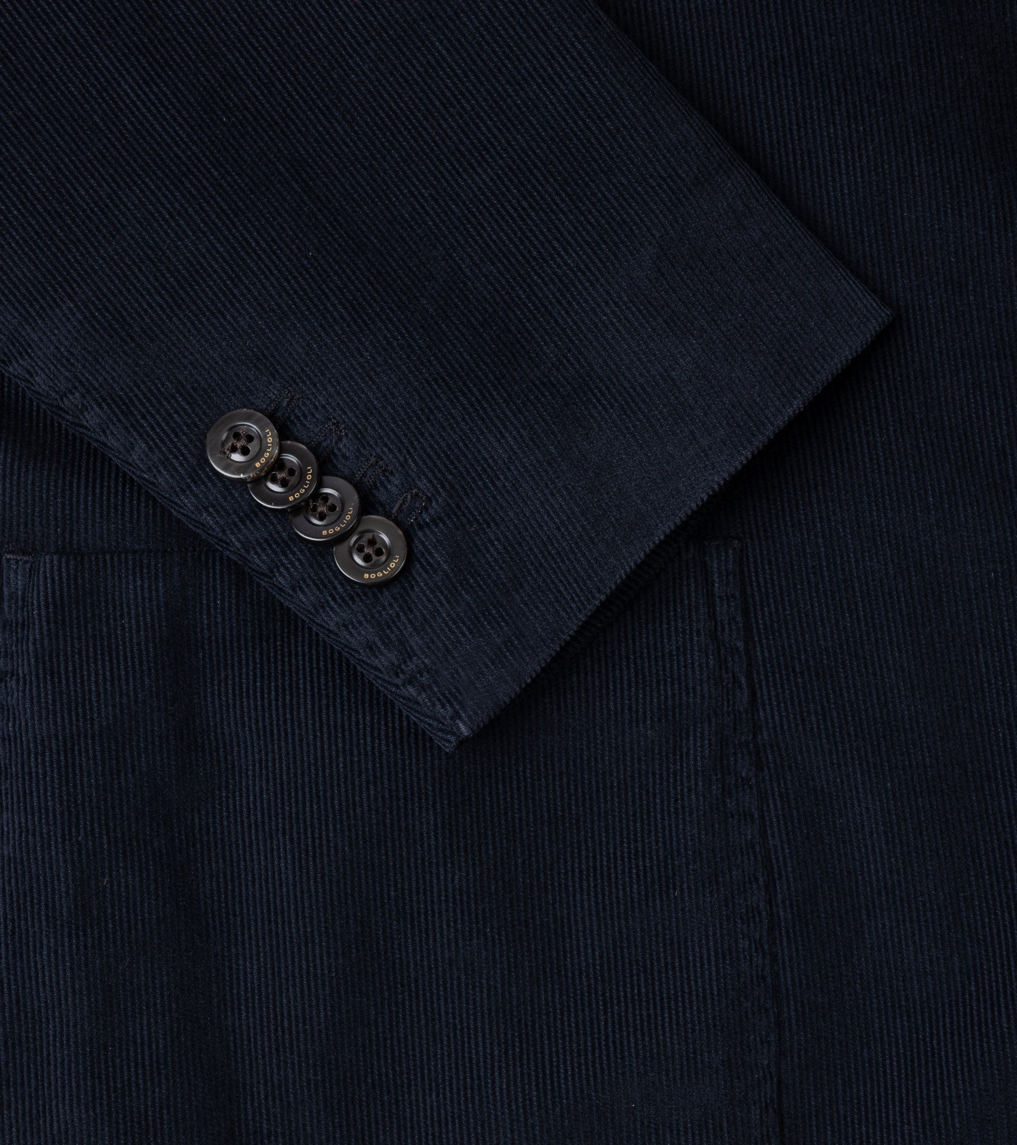 Close-up of a dark navy corduroy jacket blazer sleeve showing the buttoned cuff and fabric texture.