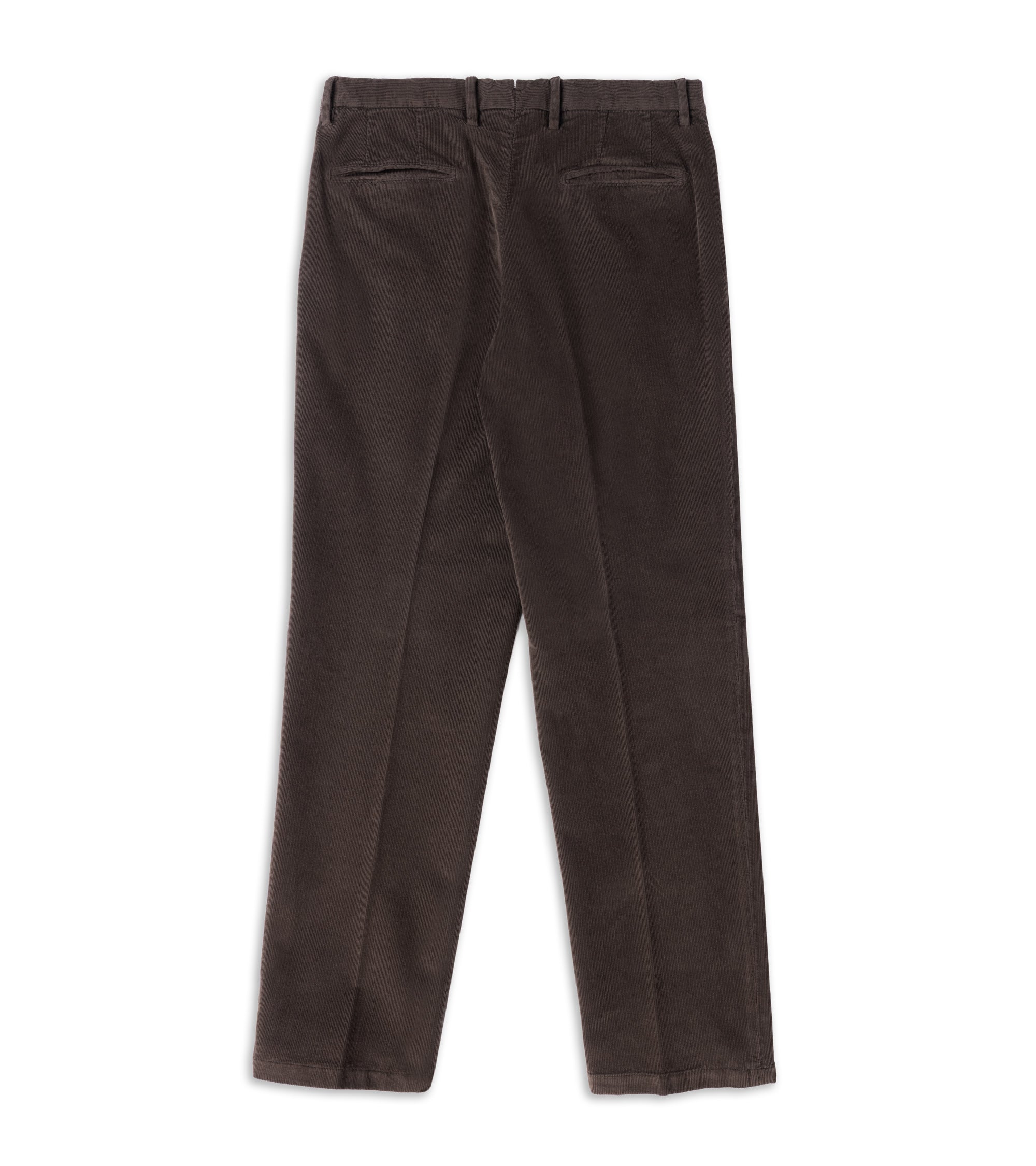 Dark brown corduroy trousers shown from the back, featuring belt loops, and two back pockets, laid flat on a white background.