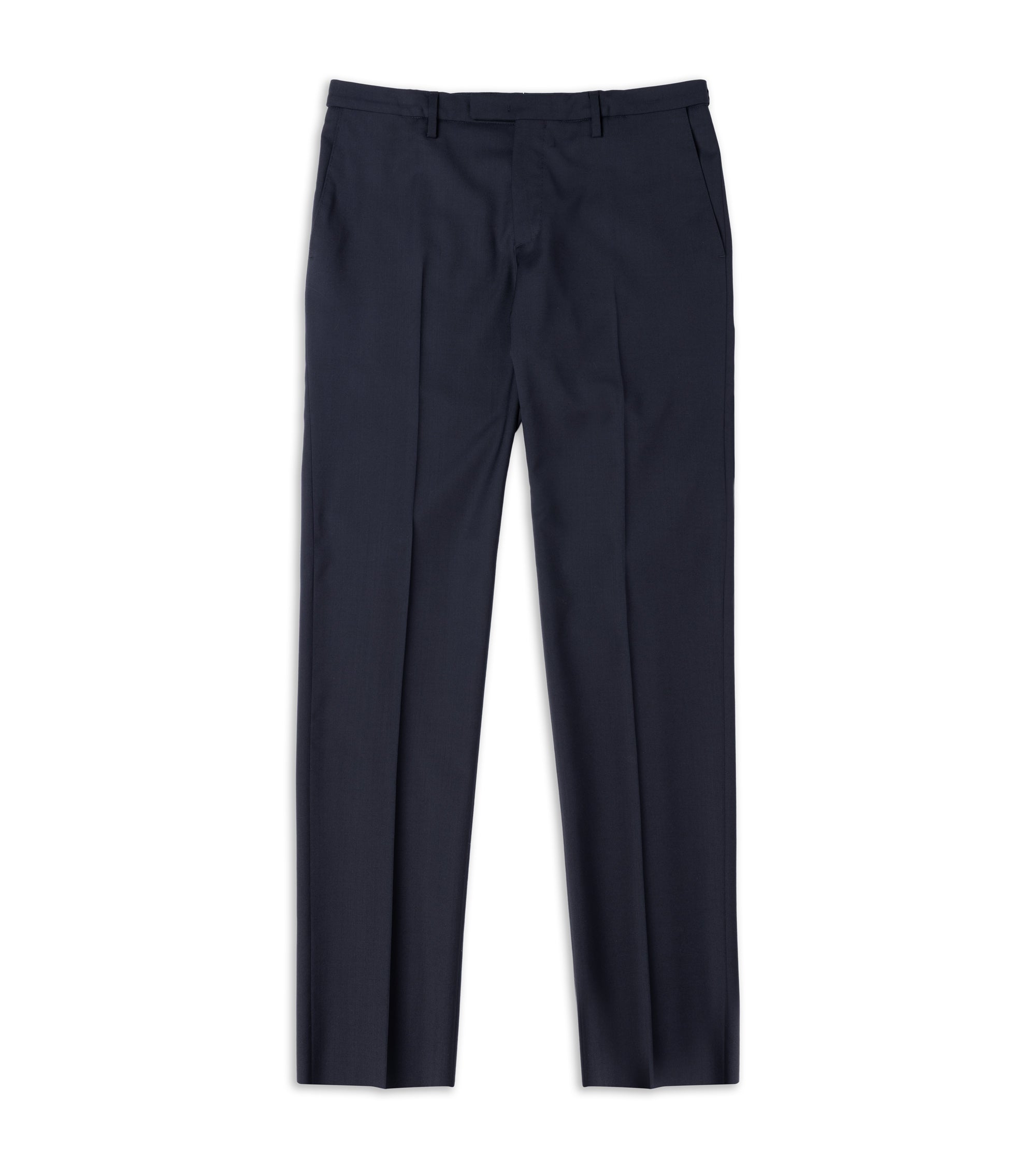 A pair of dark navy blue dress pants shown flat against a solid white background.