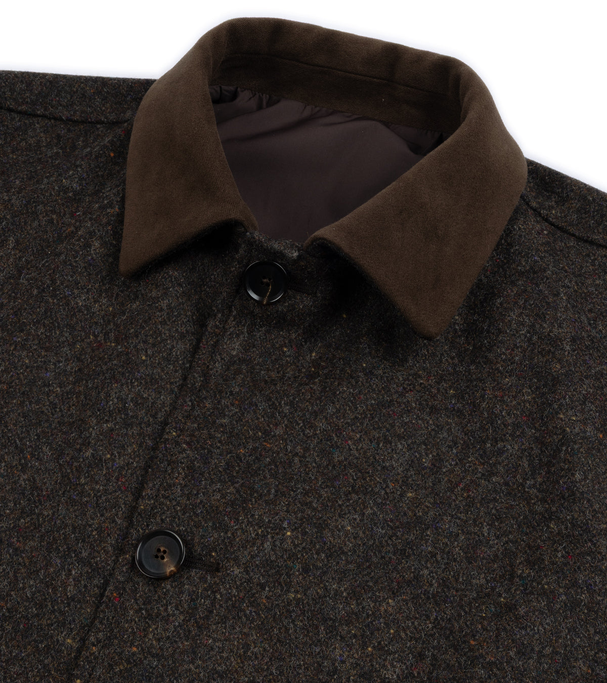 Close-up of the Caruso Shetland Wool Paddock Jacket in Dark Brown with a contrasting brown collar showing front buttons and fabric texture.