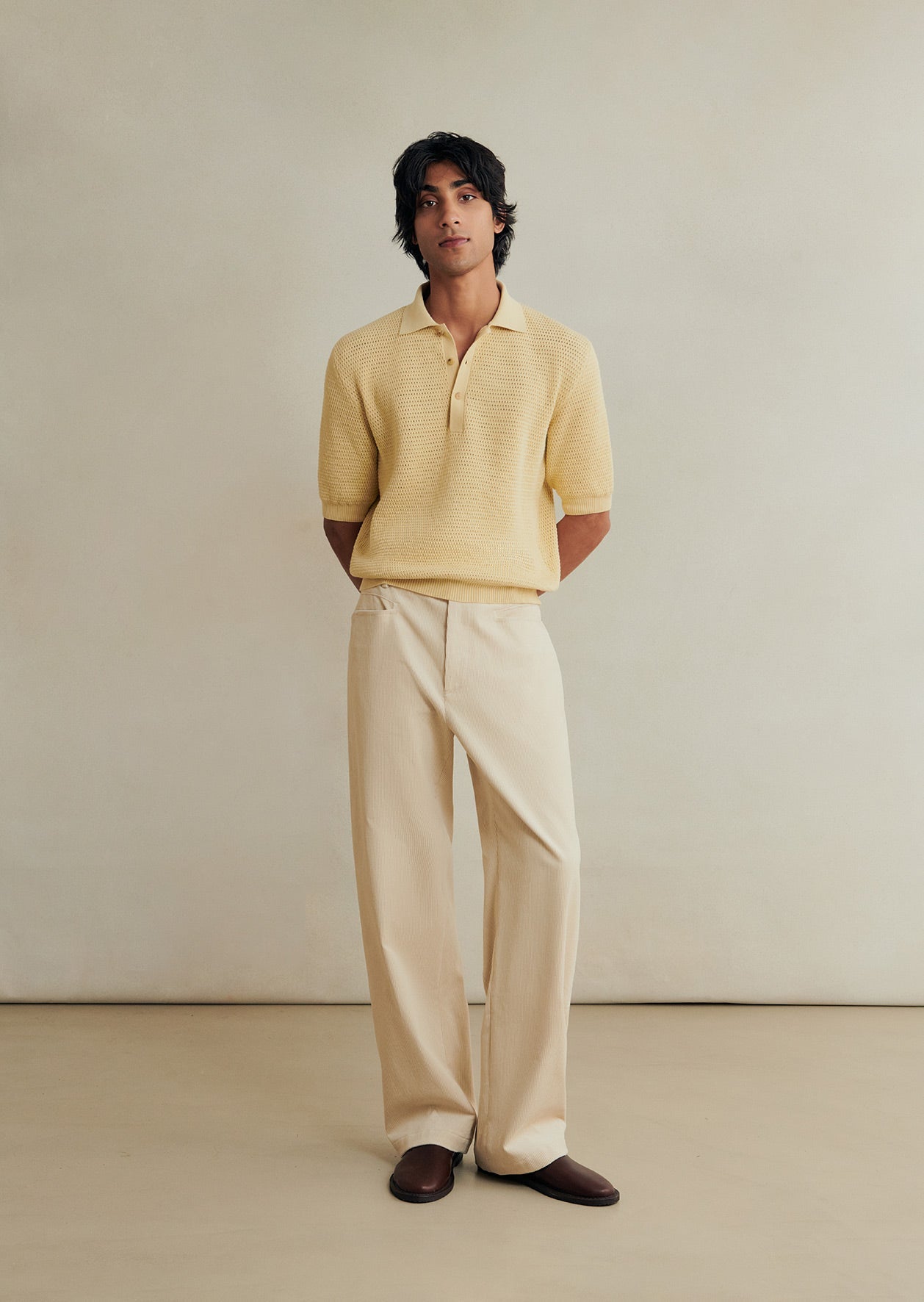 De Bonne Facture Cotton Honeycomb Knitted Polo Shirt: Butter Yellow