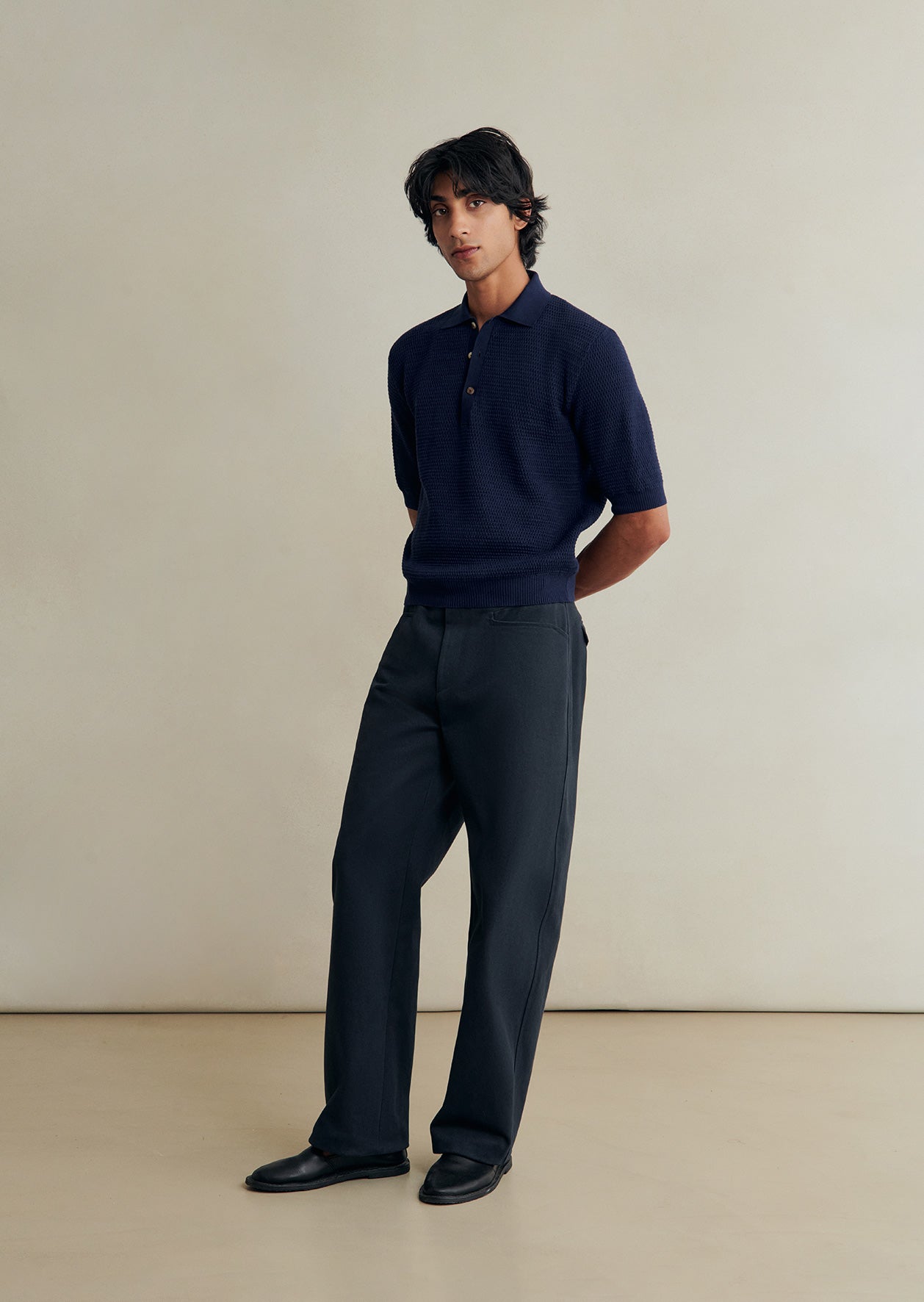 De Bonne Facture Cotton Honeycomb Knitted Polo Shirt: Navy