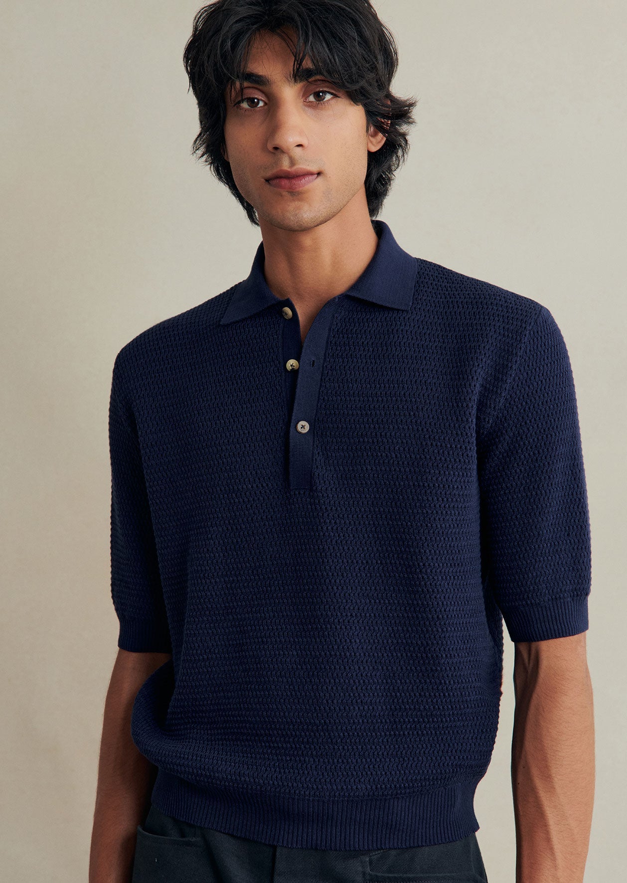 De Bonne Facture Cotton Honeycomb Knitted Polo Shirt: Navy