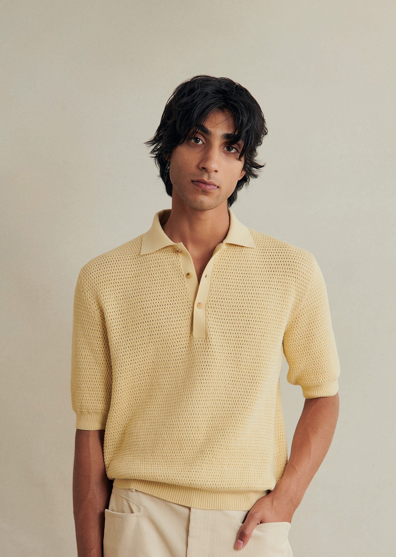 De Bonne Facture Cotton Honeycomb Knitted Polo Shirt: Butter Yellow