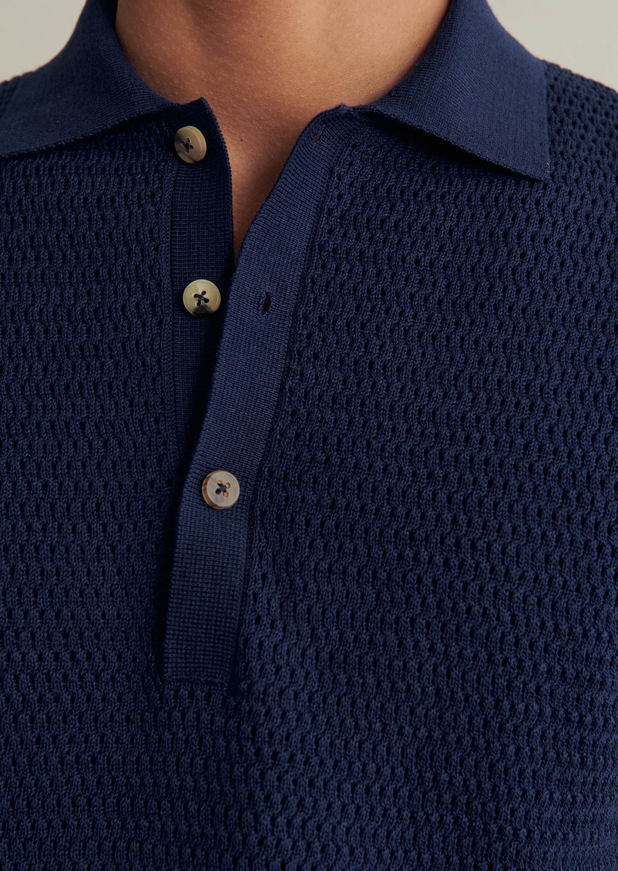 De Bonne Facture Cotton Honeycomb Knitted Polo Shirt: Navy
