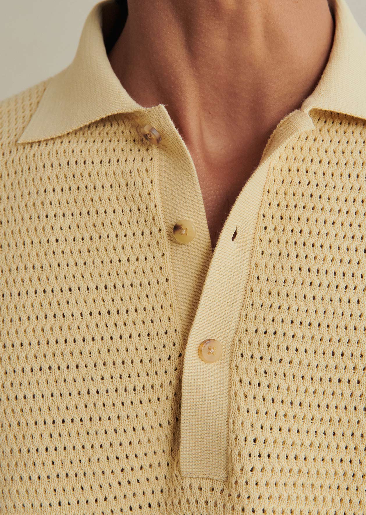 De Bonne Facture Cotton Honeycomb Knitted Polo Shirt: Butter Yellow