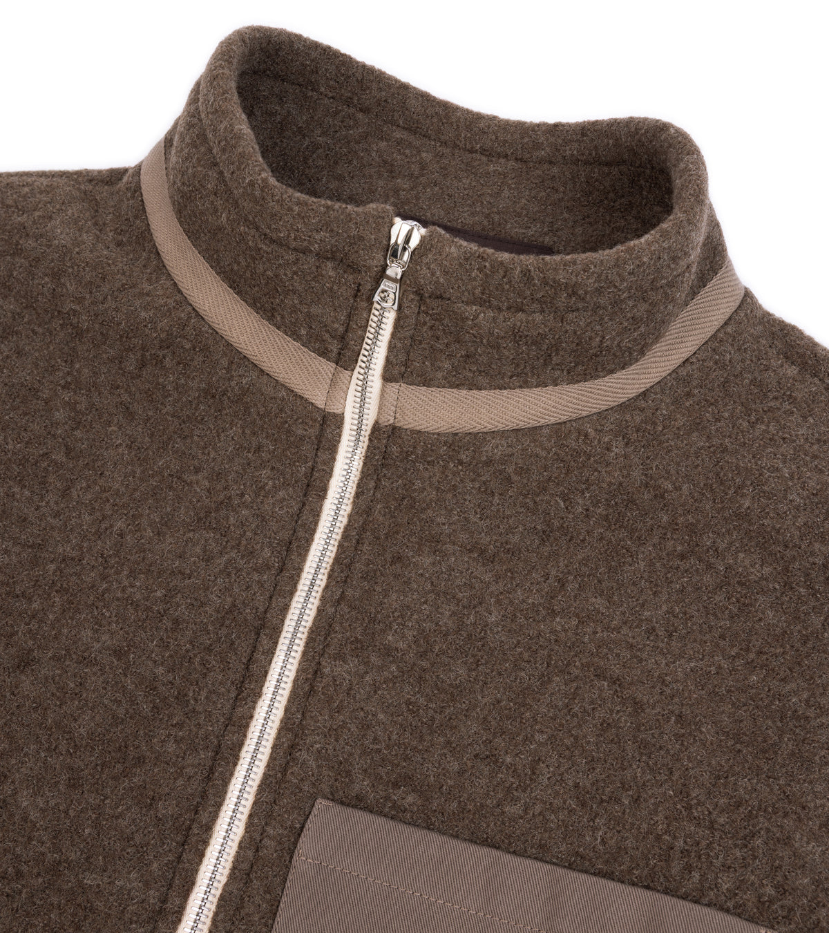 Close-up of the De Bonne Facture Boiled Wool Bookstore Jacket in Ash Brown, showing the collar, zip closure and fabric texture.