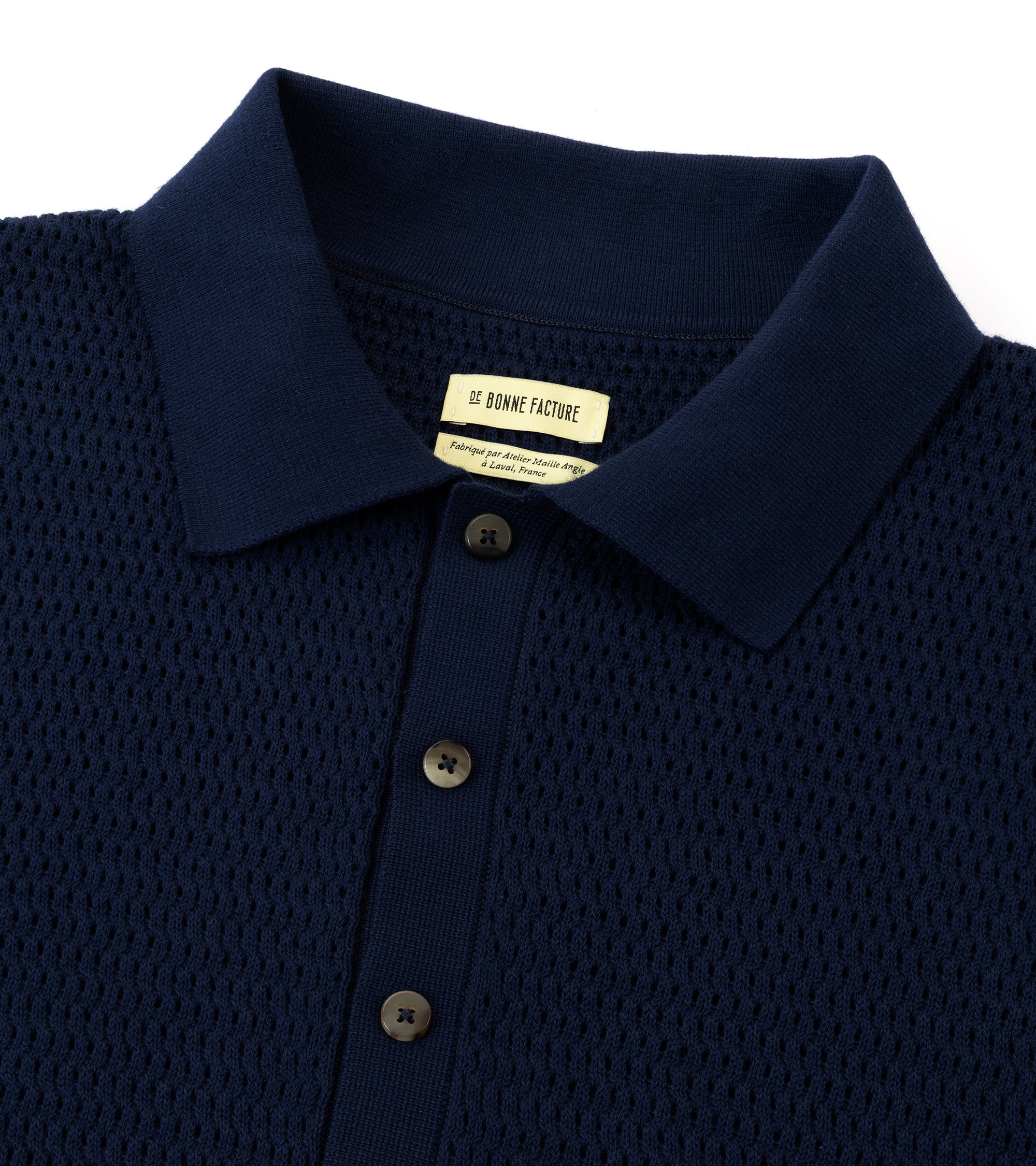 De Bonne Facture Cotton Honeycomb Knitted Polo Shirt: Navy