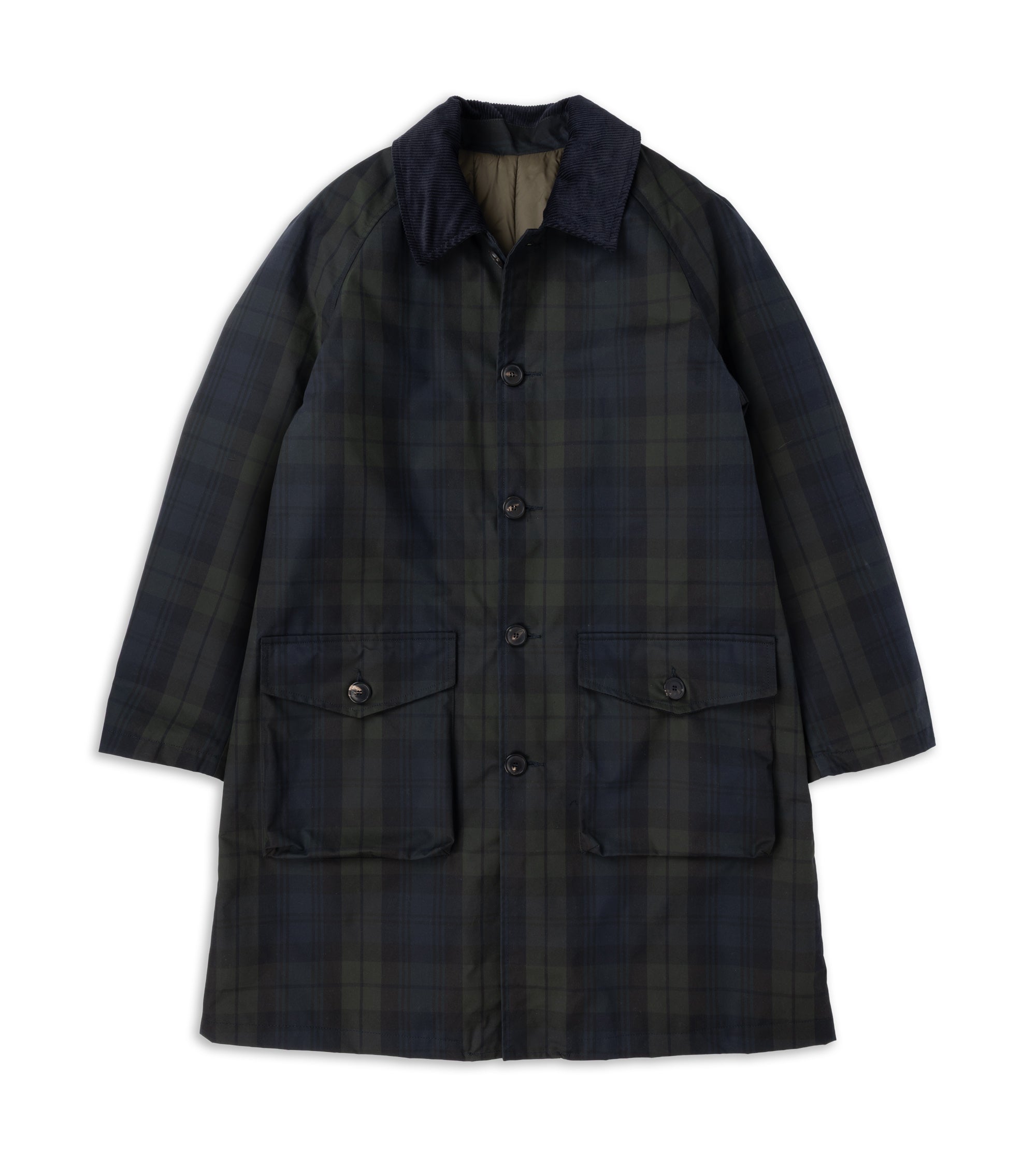 A dark navy and green plaid waxed cotton jacket with a corduroy collar and front button closure, and two large flap pockets, displayed flat against a white background.