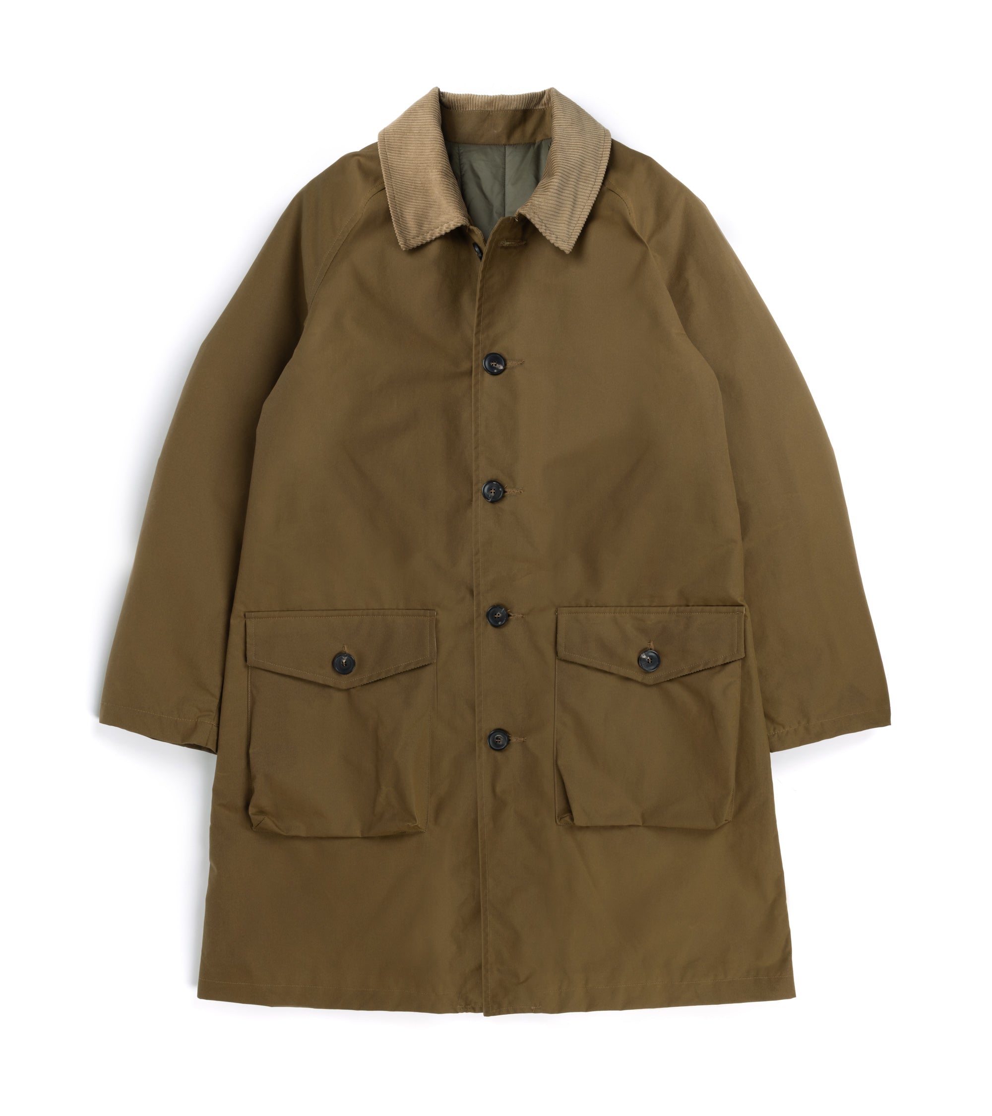 A khaki waxed cotton utility jacket with a contrasting tan corduroy collar, front button closure, and two large flap pockets, shown flat on a white background.