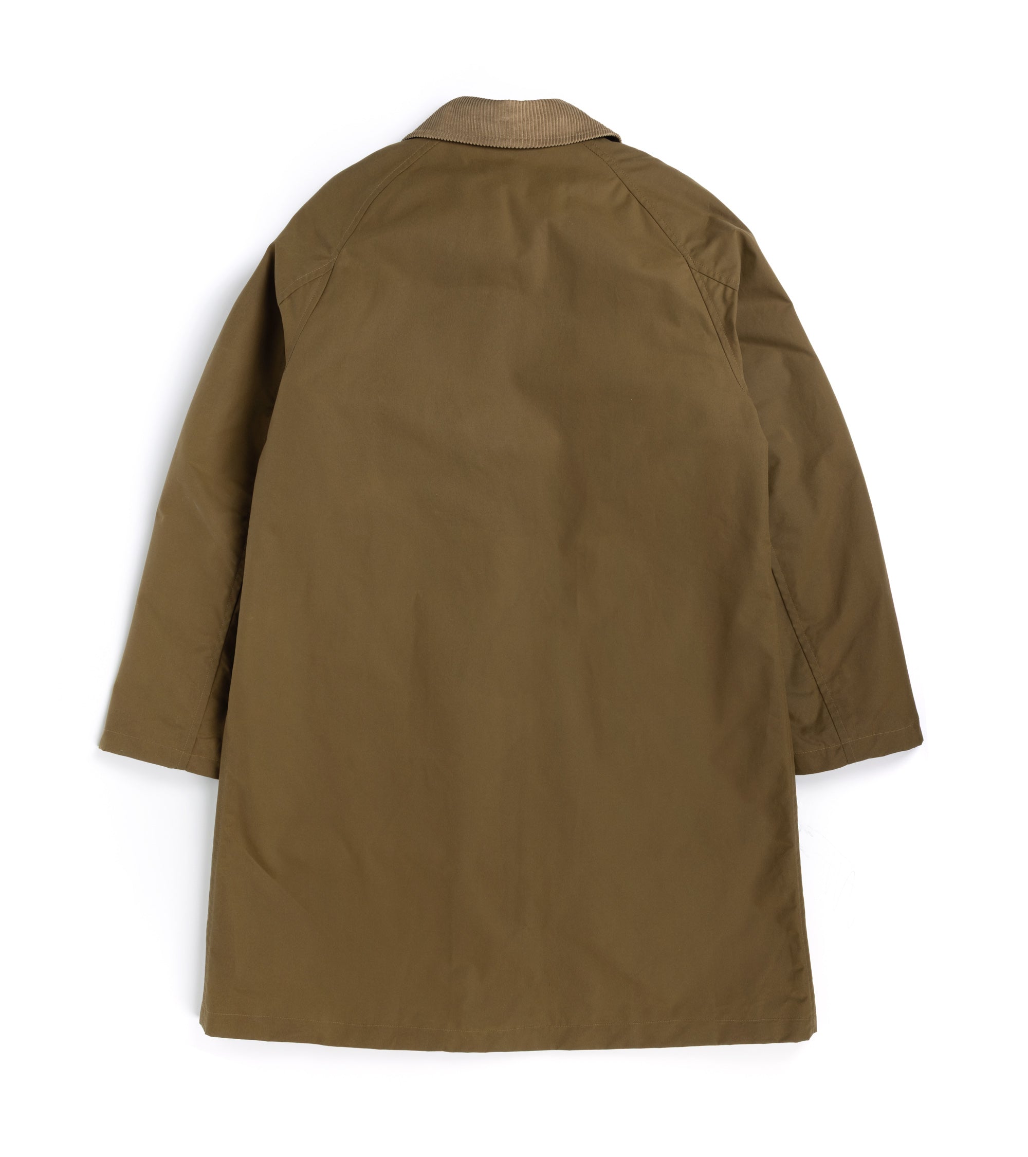 A khaki utility jacket shown from the back, featuring a corduroy collar and raglan sleeves, laid flat against a white background.