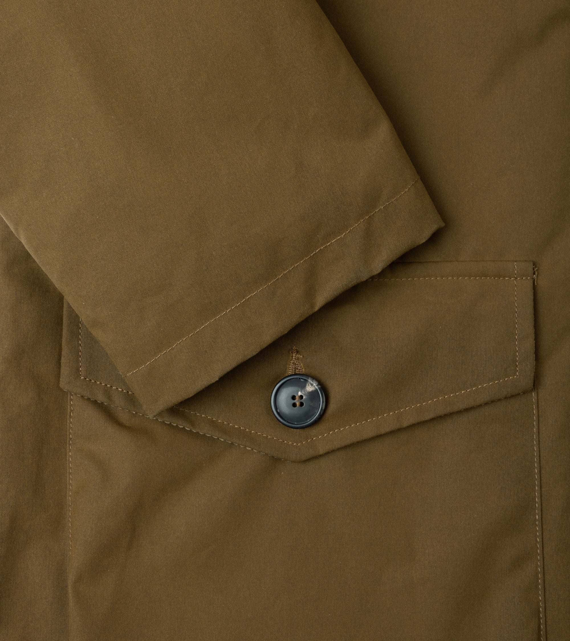 Close-up of a khaki waxed cotton jacket showing a pocket flap with button and sleeve cuff.