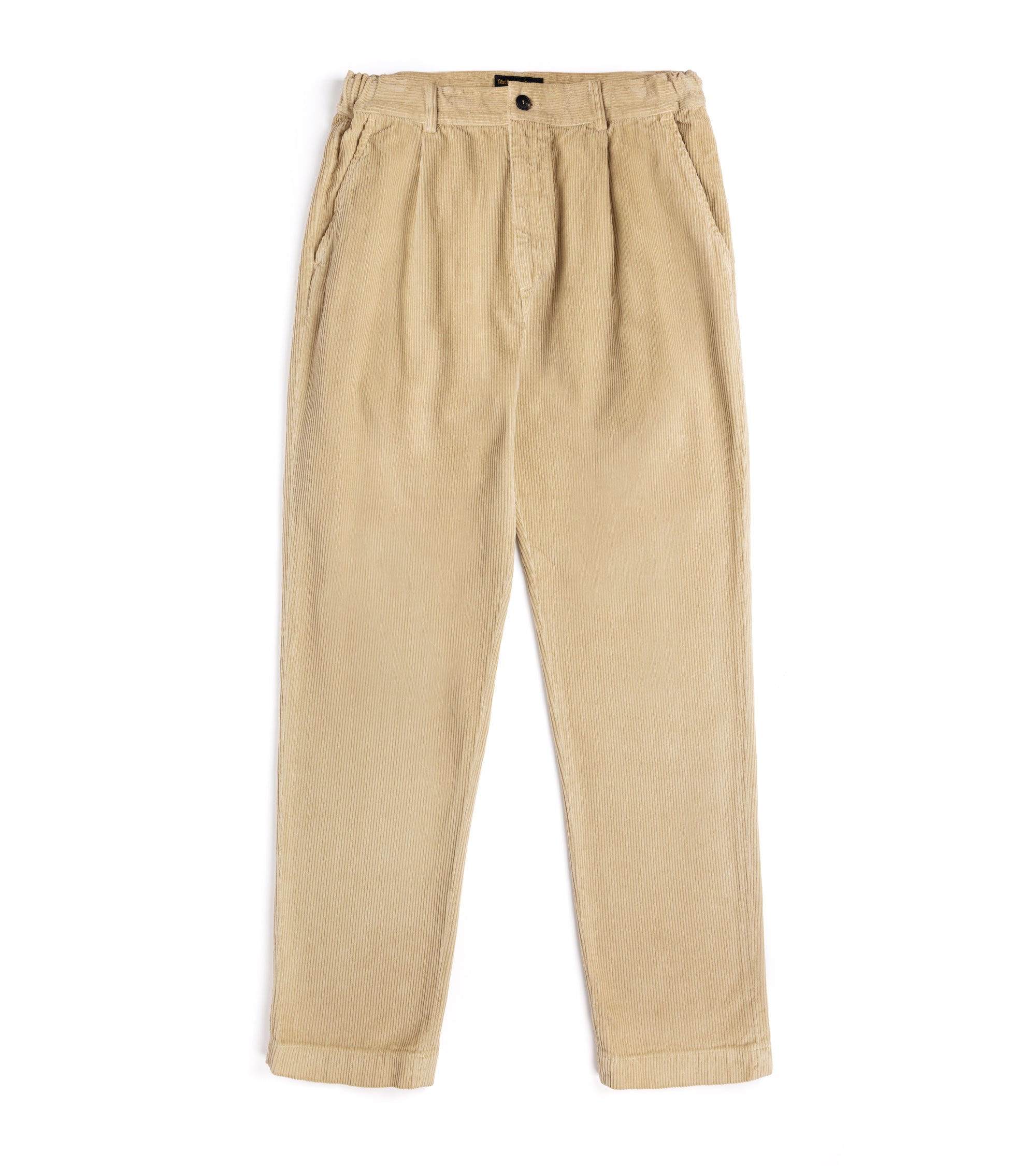 A pair of beige corduroy trousers with a pleated front and side pockets.