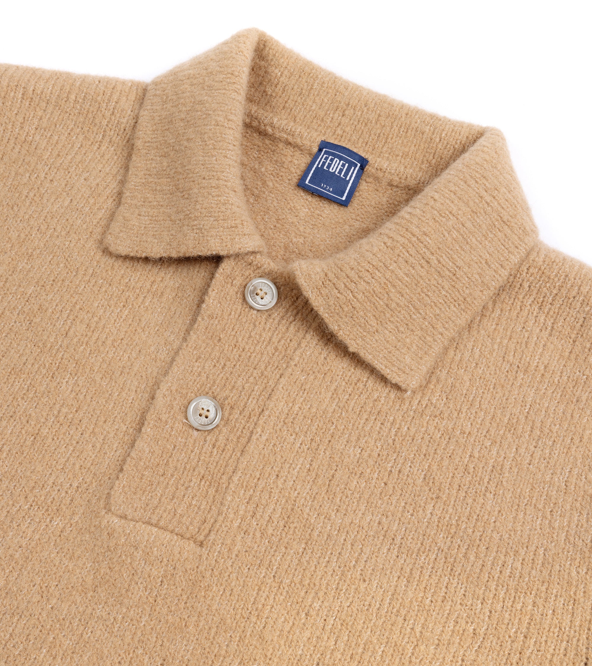 Fedeli Basket Wool Cashmere Mix Long Sleeve Knit Polo Shirt: Tan