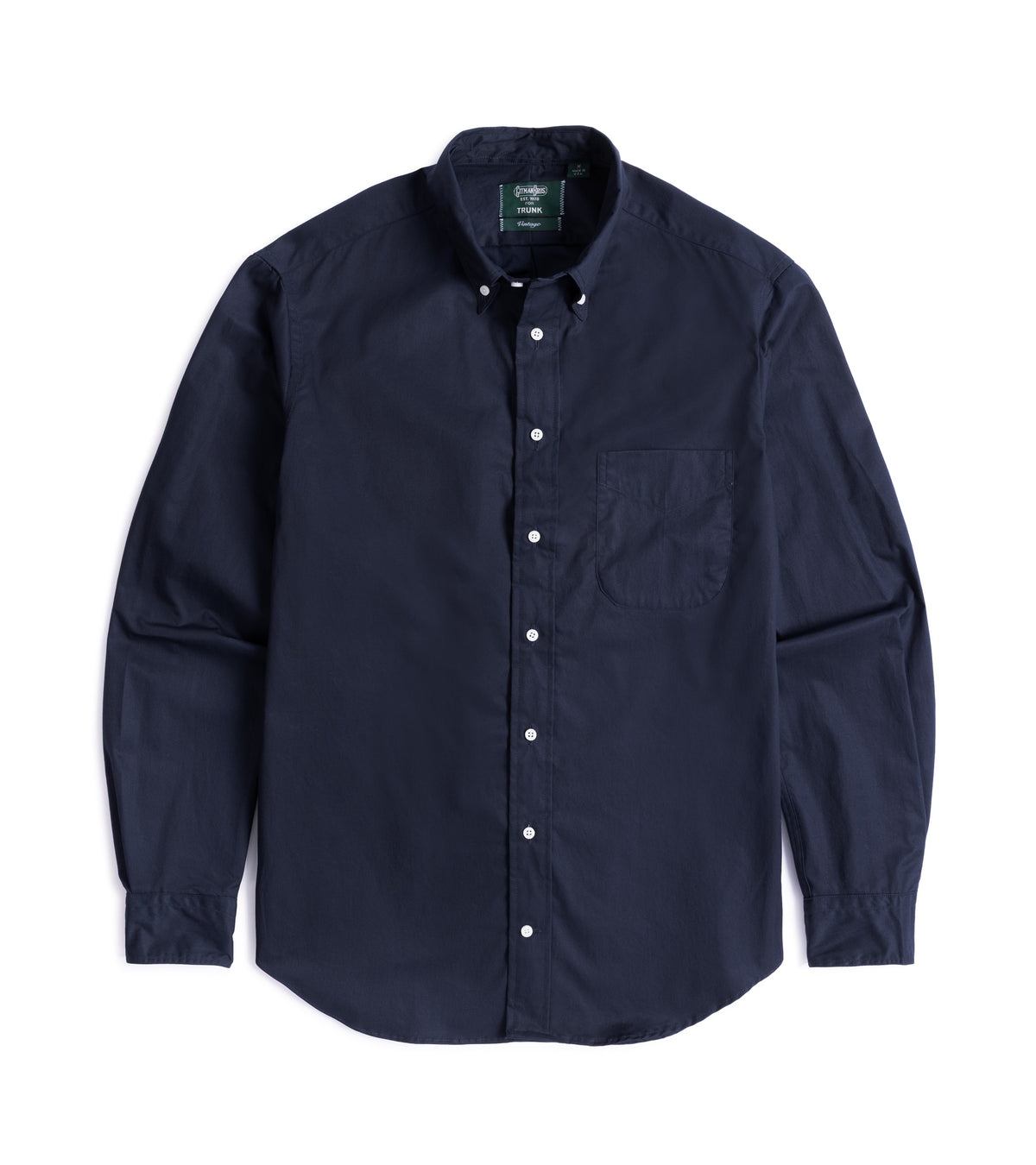 Gitman Vintage Japanese Cotton Twill Button Down Shirt in Navy, front view, showing a button down collar and chest pocket.