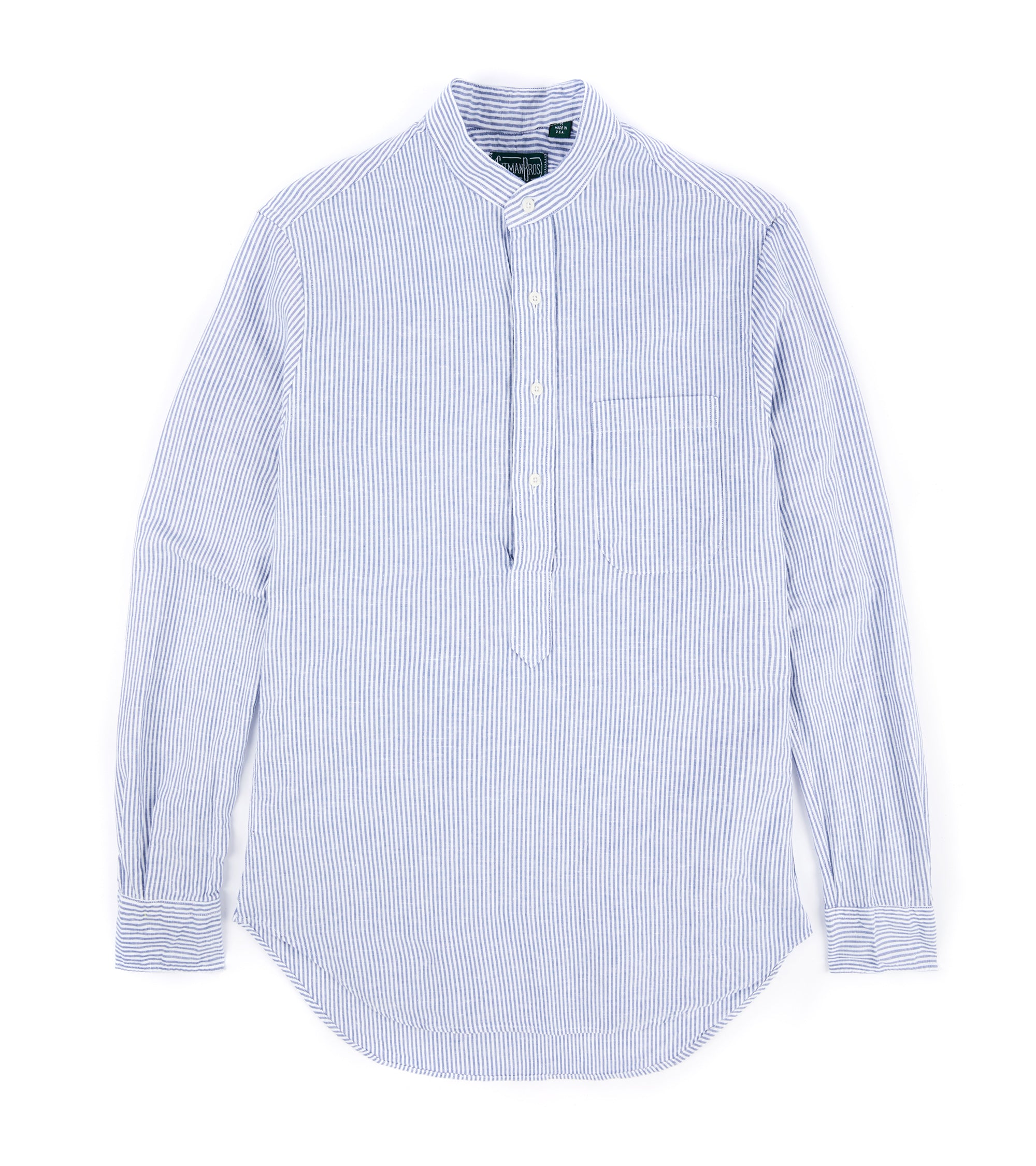 Gitman Vintage Linen Striped Band Collar Popover Shirt: Blue/White