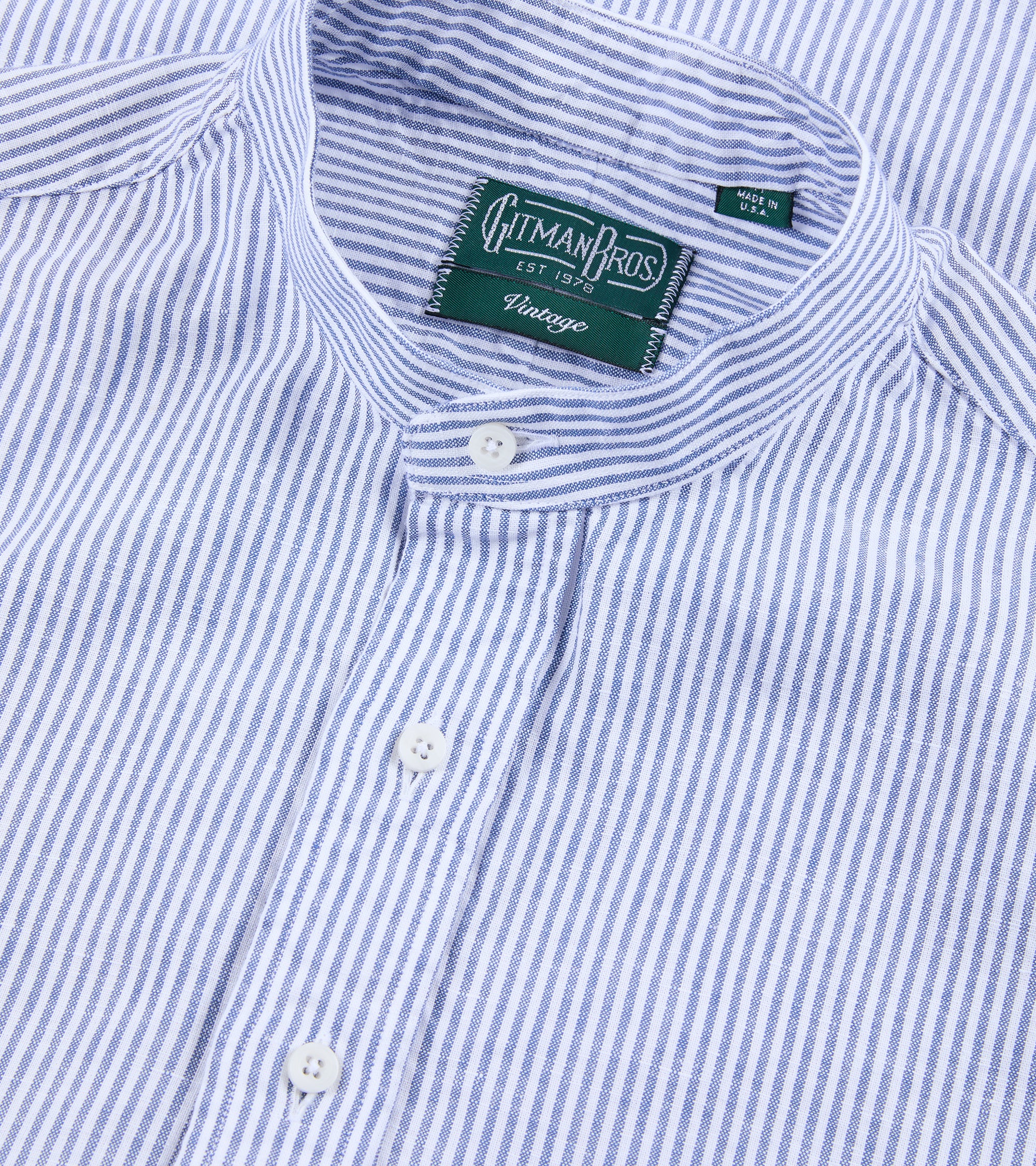 Gitman Vintage Linen Striped Band Collar Popover Shirt: Blue/White