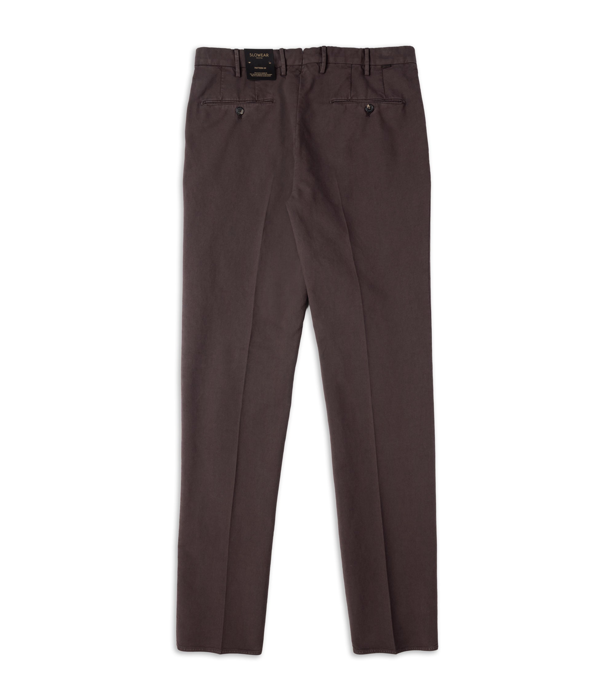 A pair of brown chino pants shown from the back, featuring two buttoned welt pockets and belt loops, laid flat against a white background.