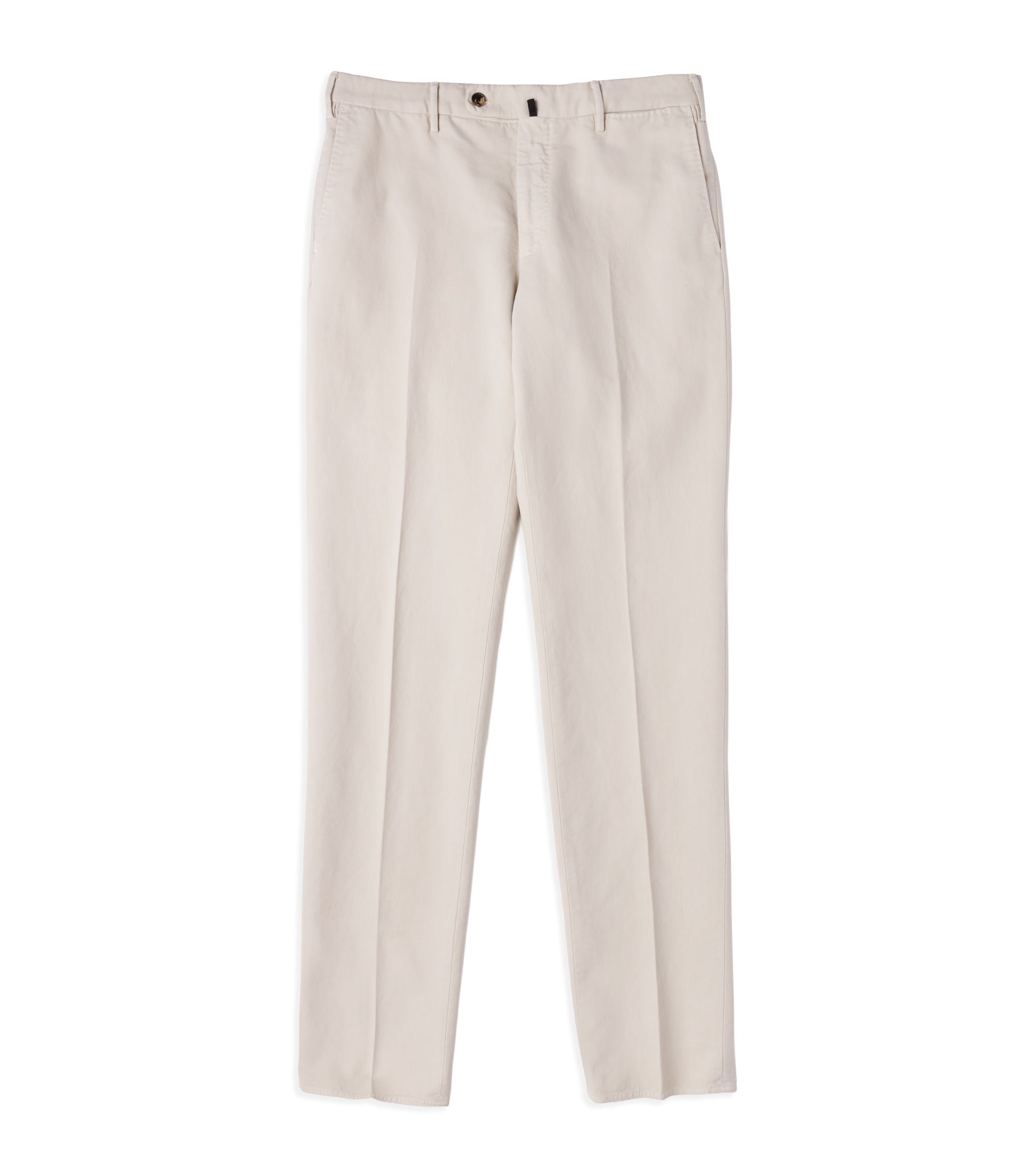 A pair of cream regular-fit trousers shown flat against a plain white background.